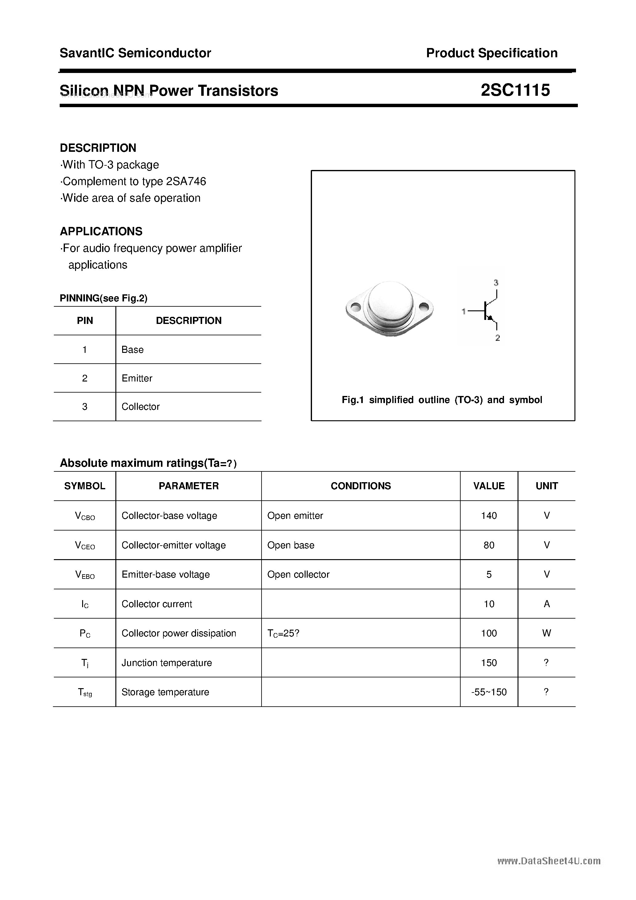 Datasheet 2SC1115 - SILICON POWER TRANSISTOR page 1