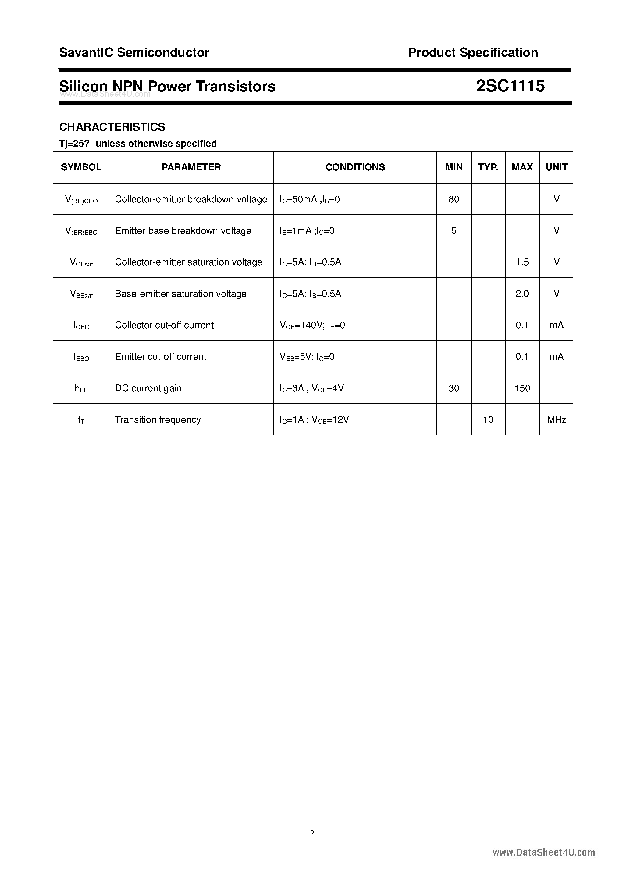 Datasheet 2SC1115 - SILICON POWER TRANSISTOR page 2