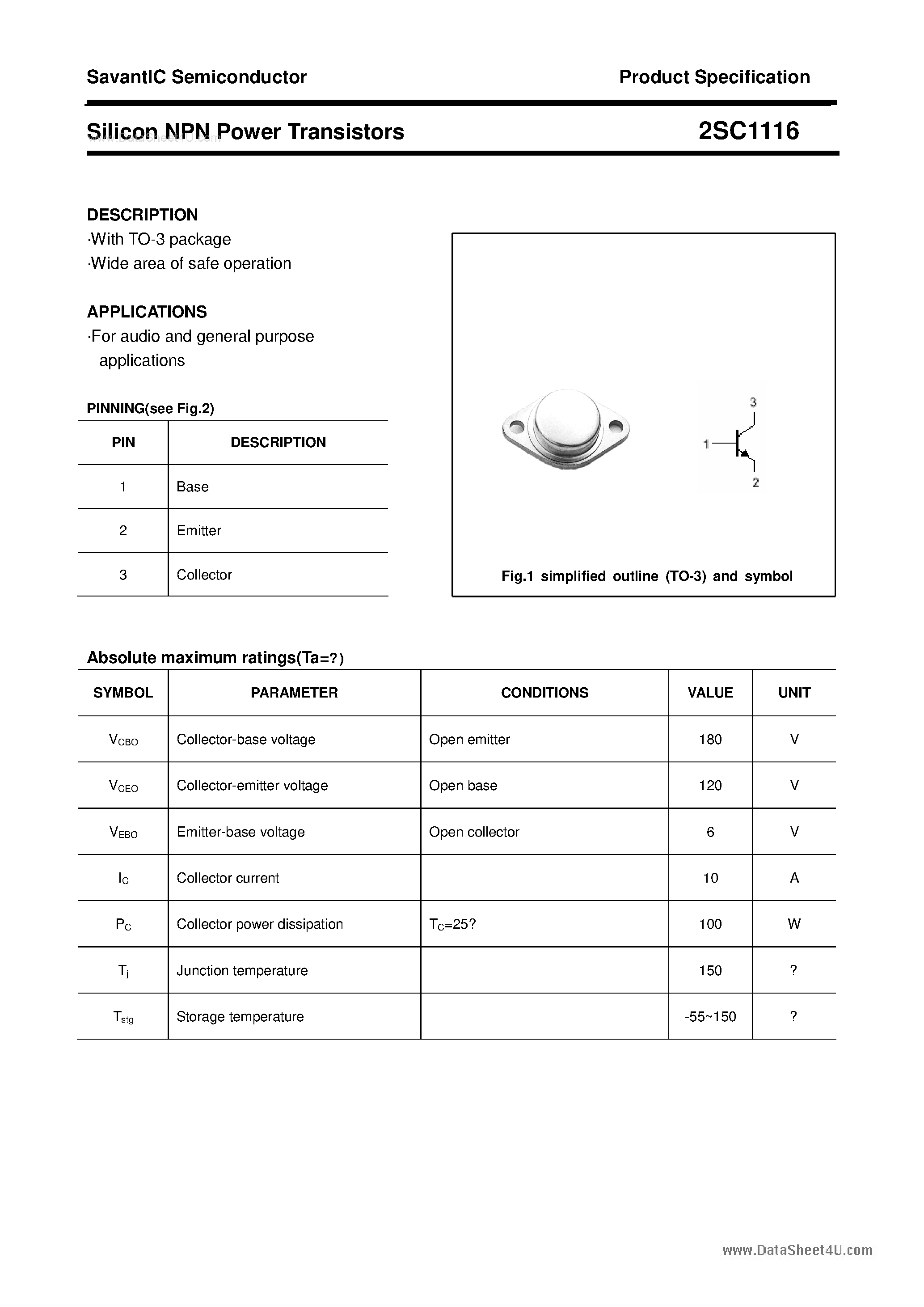 Datasheet 2SC1116 - SILICON POWER TRANSISTOR page 1