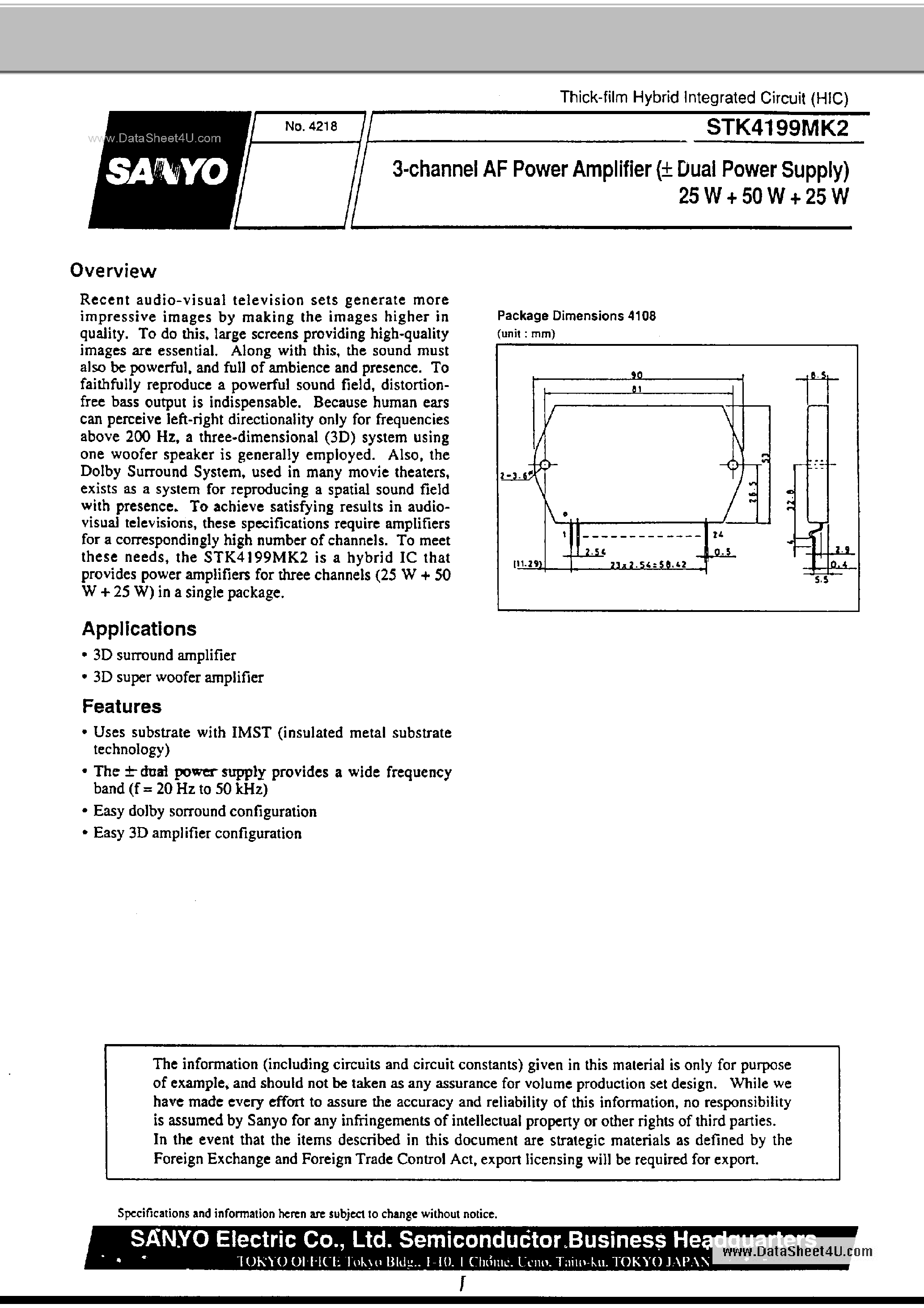 Datasheet STK4199MK2 - 3-channel AF Power Amplifier page 1