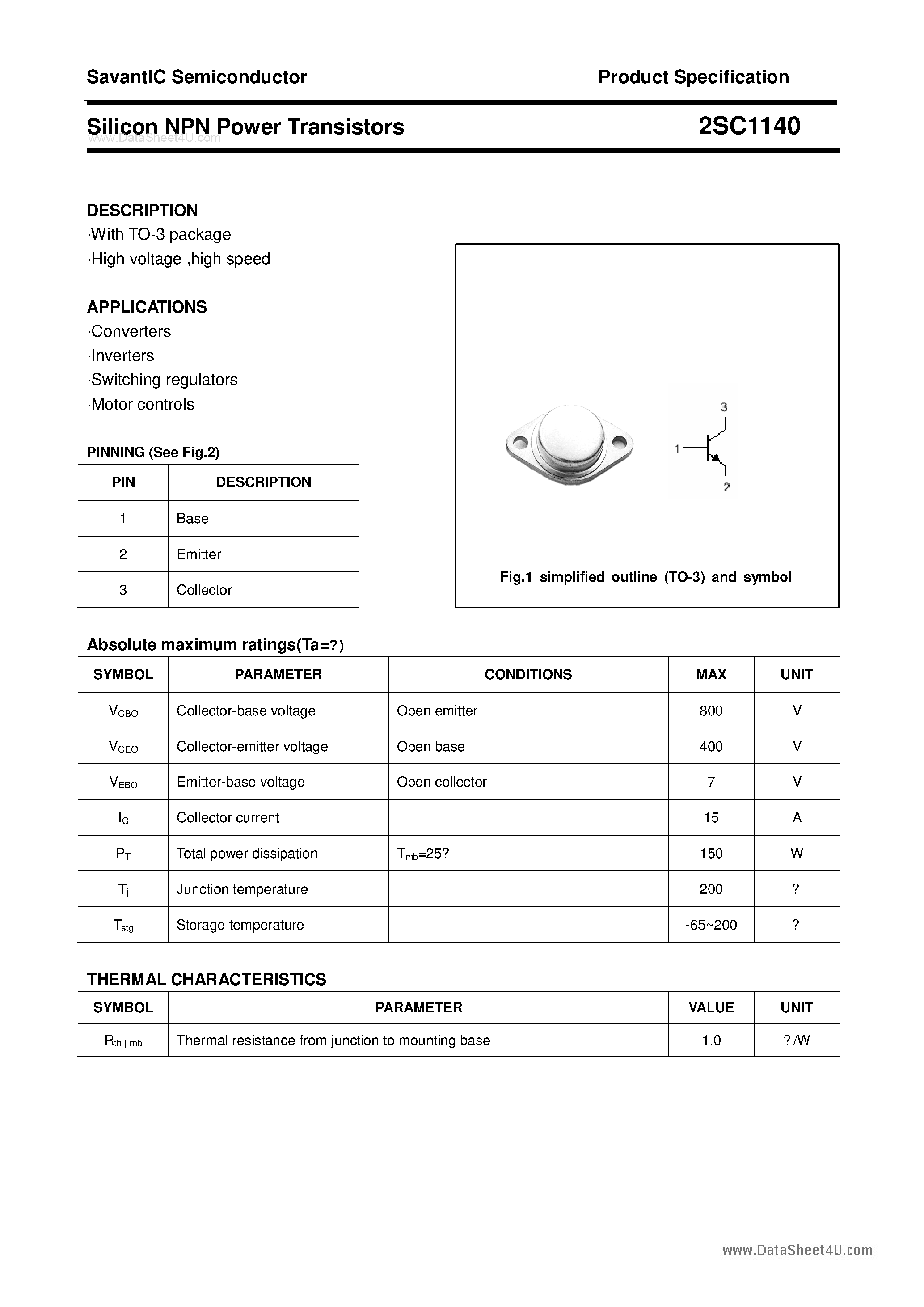 Datasheet 2SC1140 - SILICON POWER TRANSISTOR page 1