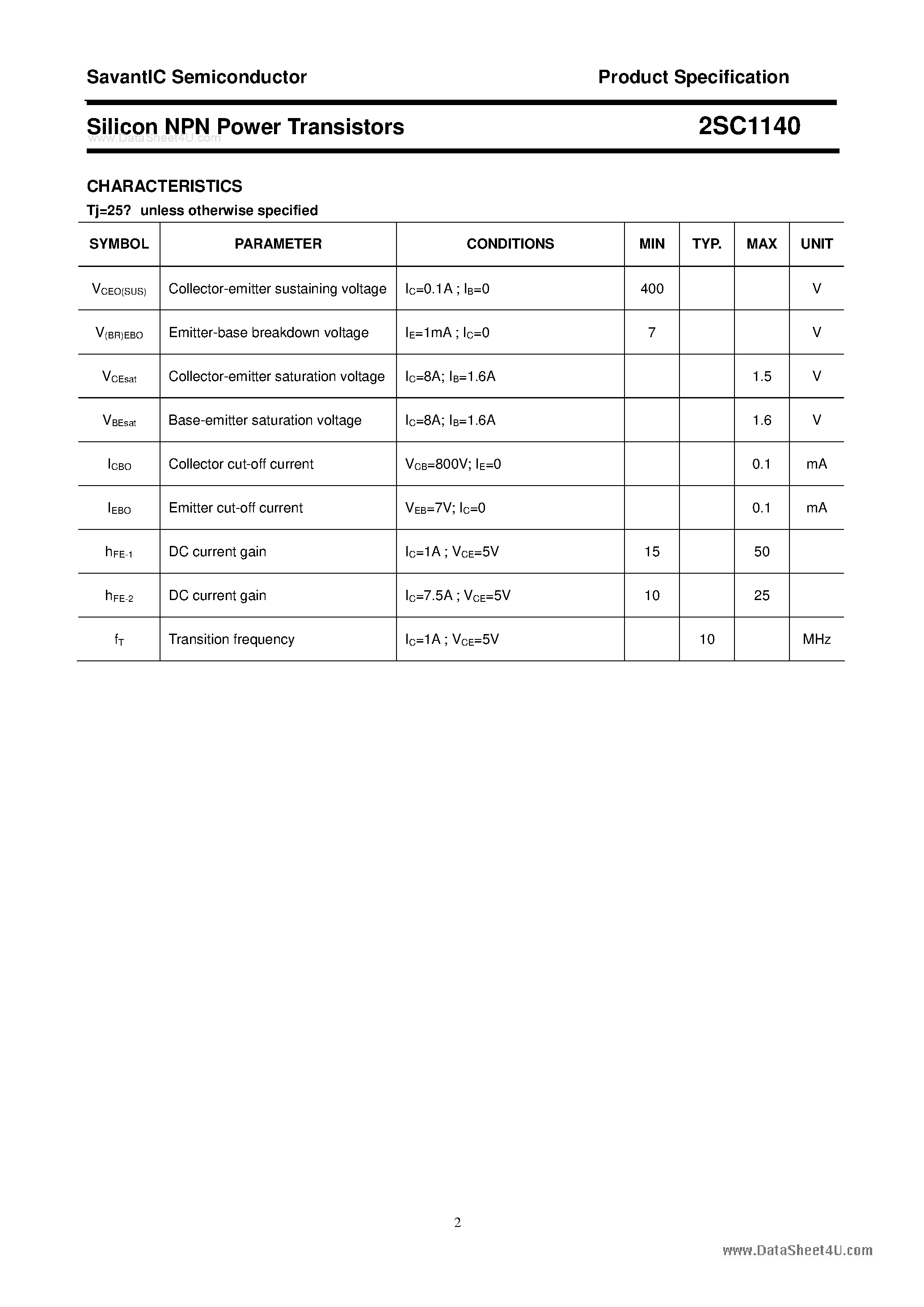 Datasheet 2SC1140 - SILICON POWER TRANSISTOR page 2