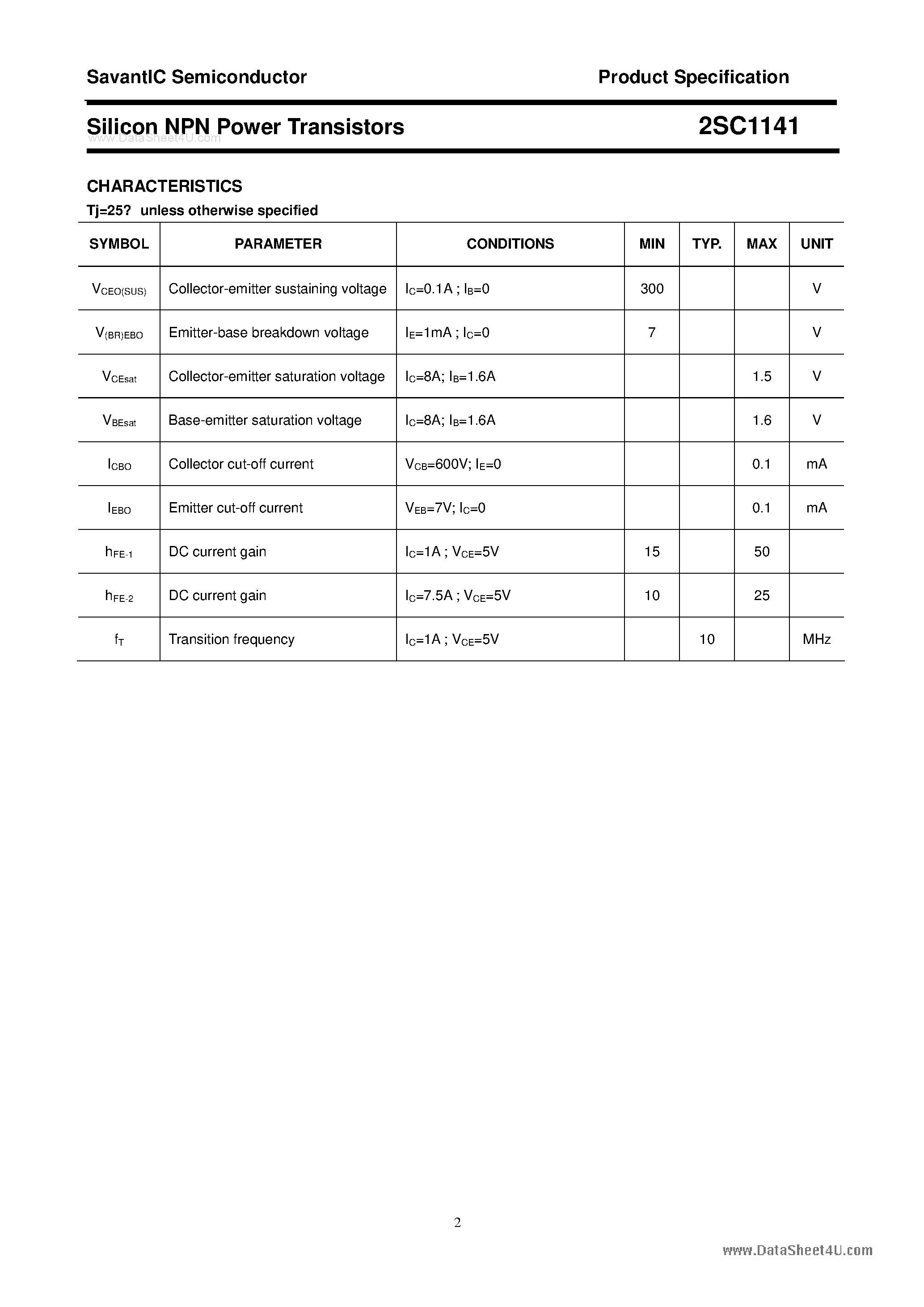 Datasheet 2SC1141 - SILICON POWER TRANSISTOR page 2