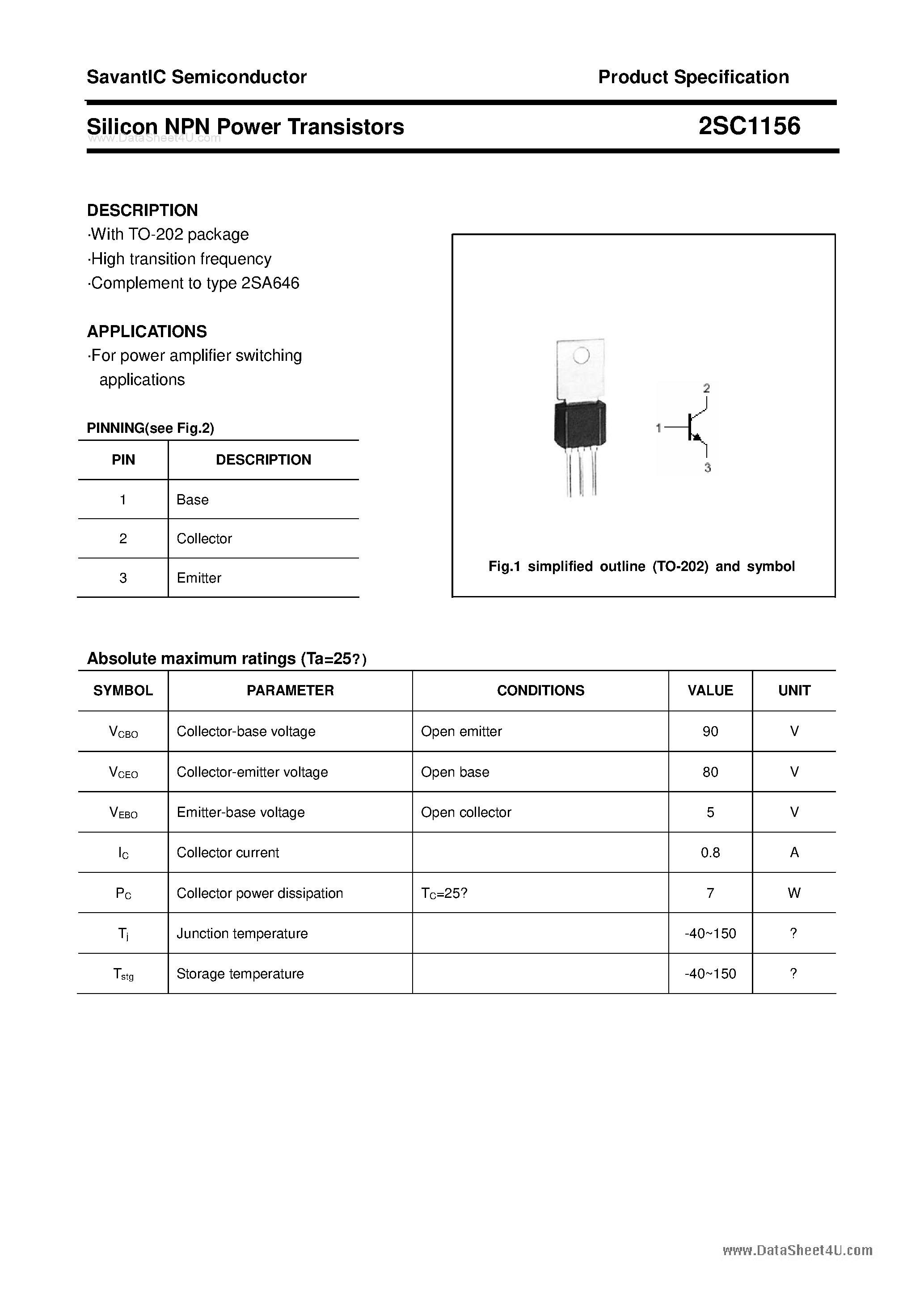 Datasheet 2SC1156 - SILICON POWER TRANSISTOR page 1