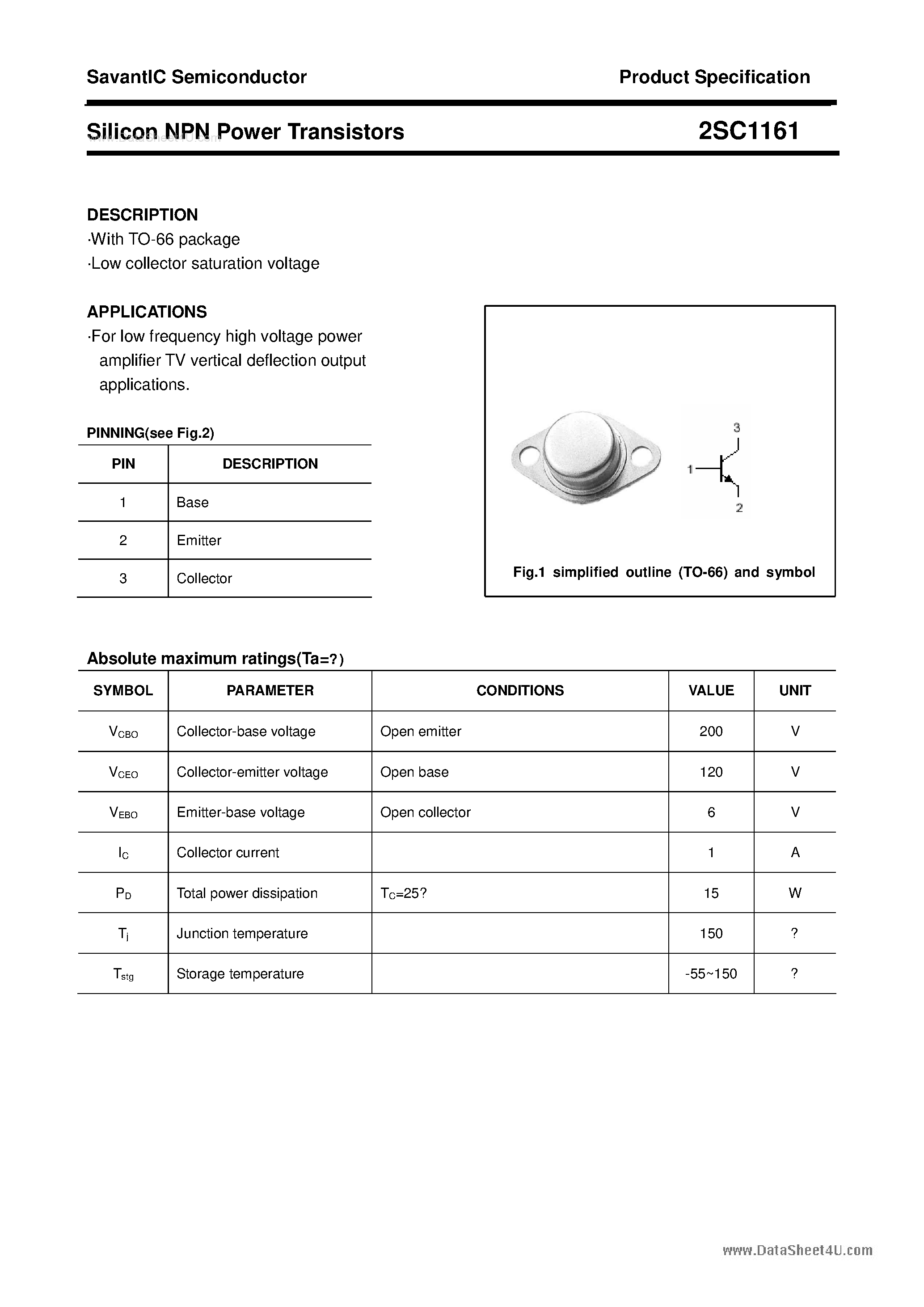 Datasheet 2SC1161 - SILICON POWER TRANSISTOR page 1