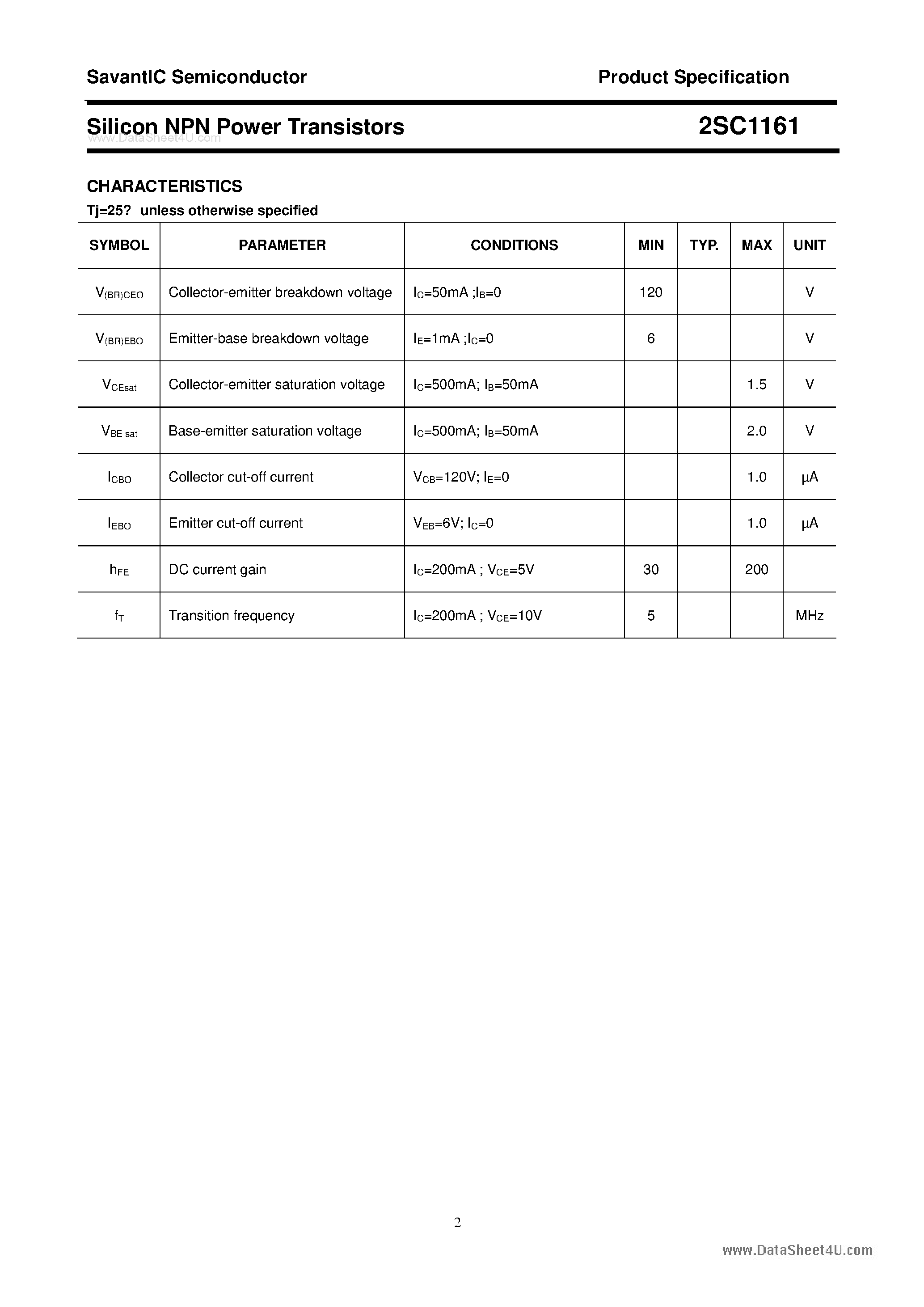 Datasheet 2SC1161 - SILICON POWER TRANSISTOR page 2