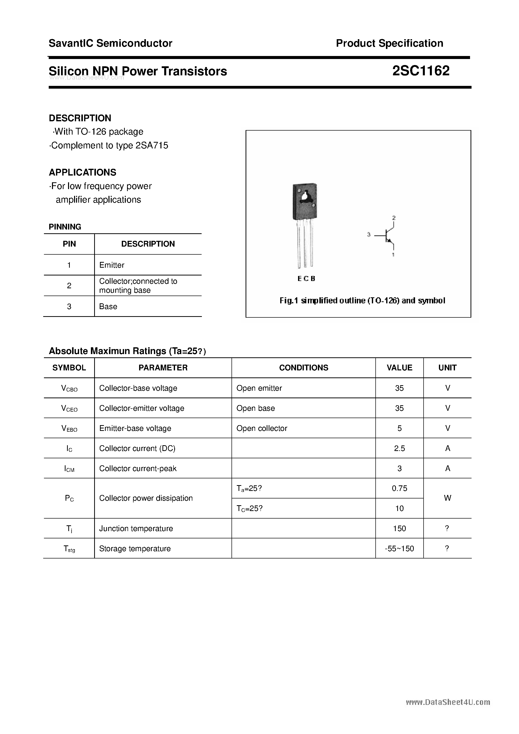 Datasheet 2SC1162 - SILICON POWER TRANSISTOR page 1