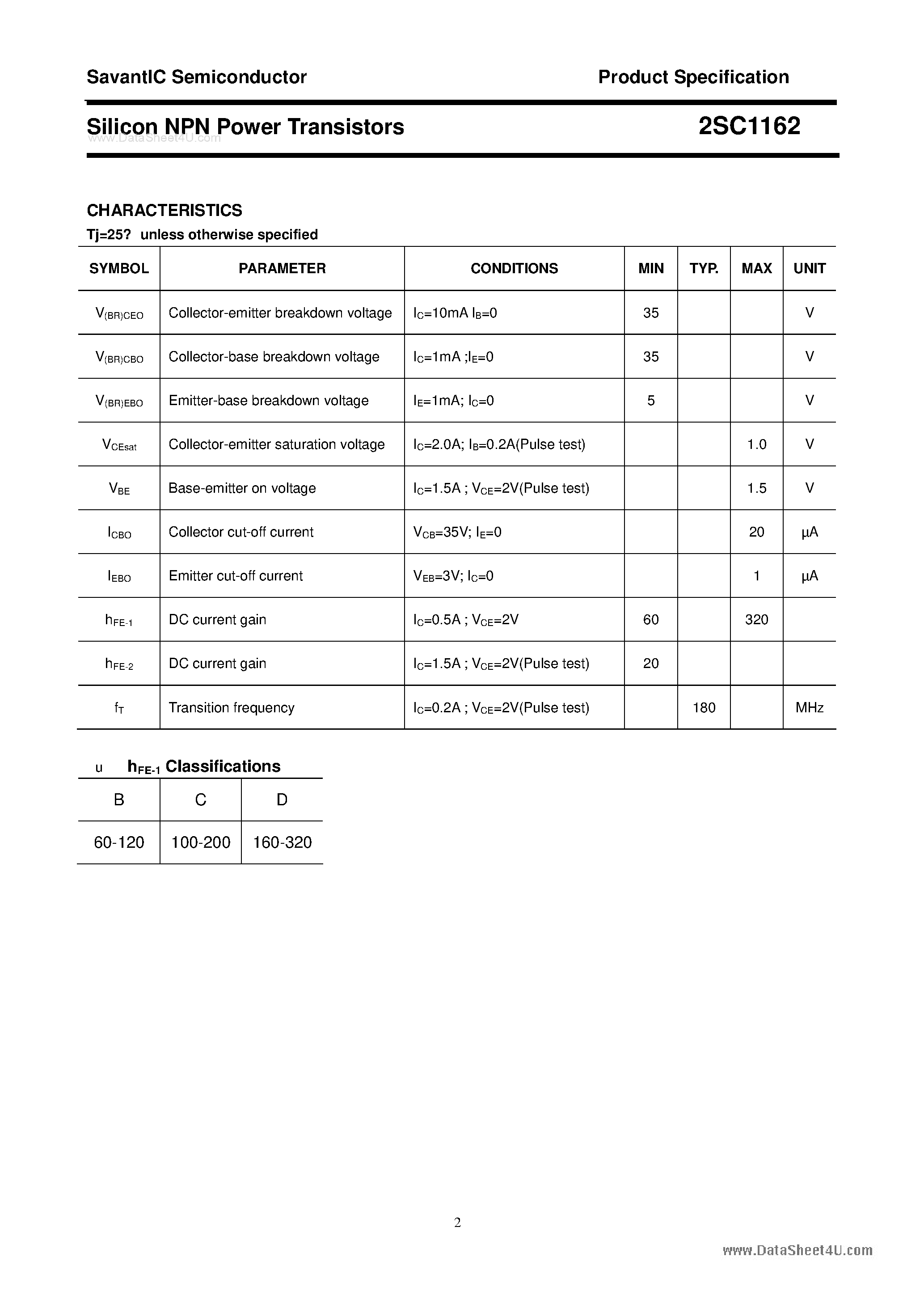 Datasheet 2SC1162 - SILICON POWER TRANSISTOR page 2