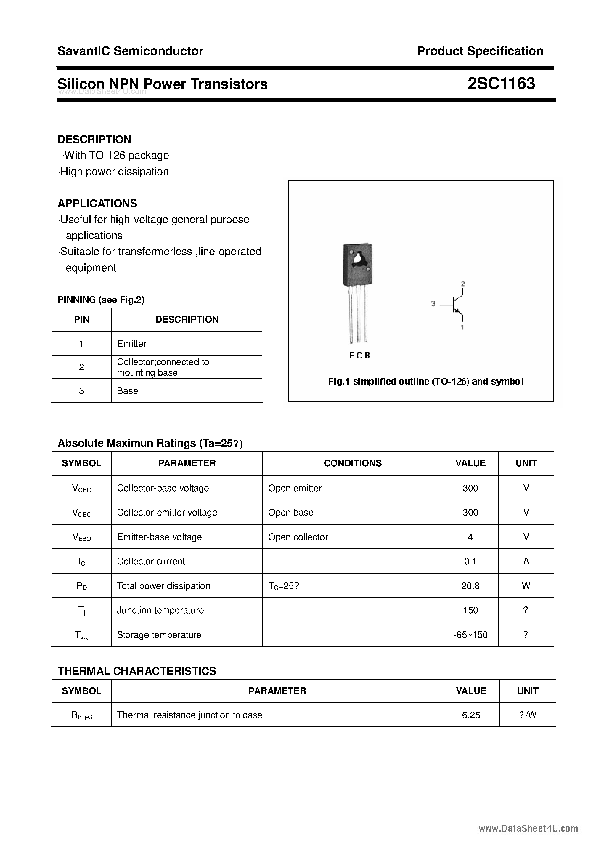 Datasheet 2SC1163 - SILICON POWER TRANSISTOR page 1