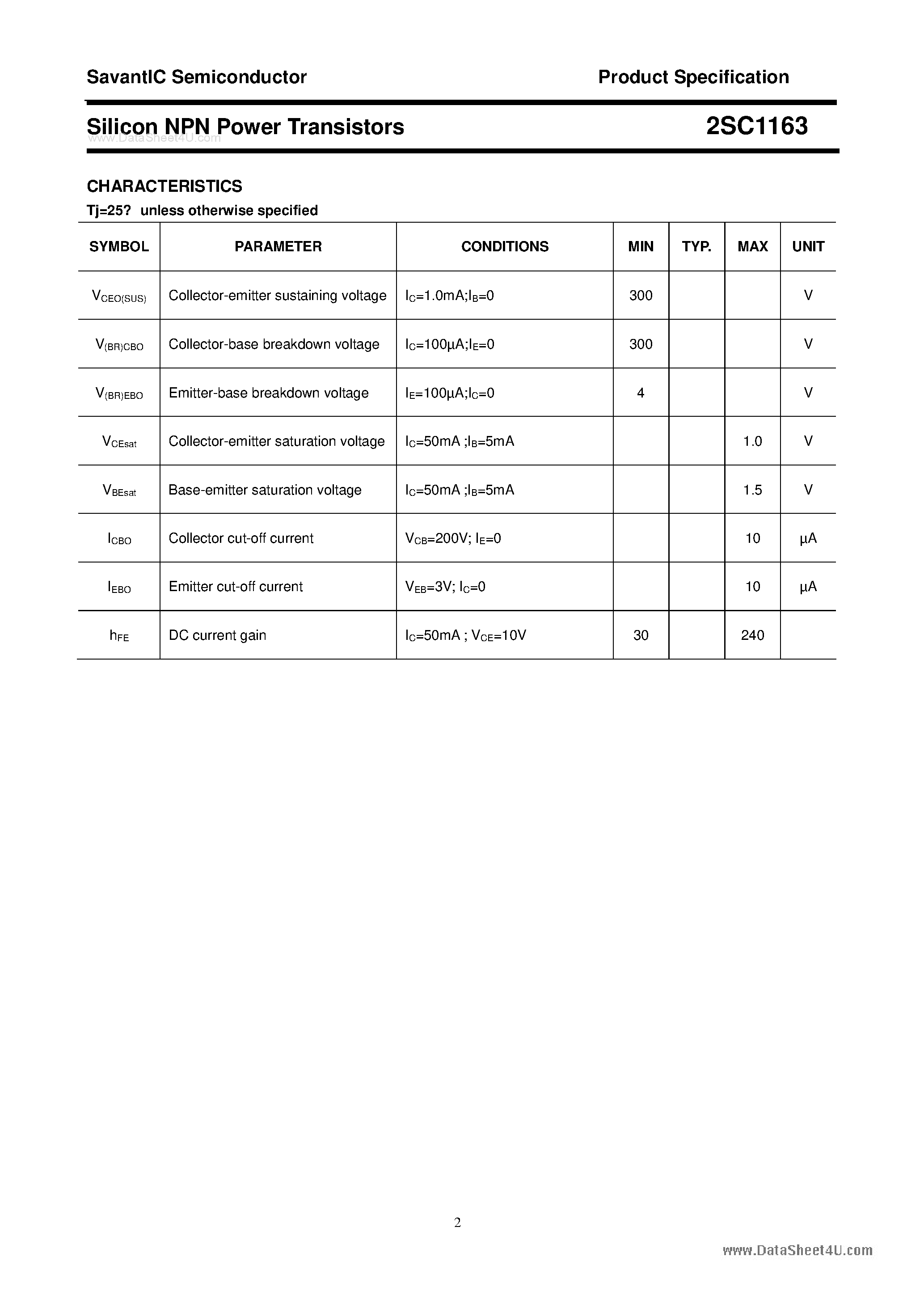 Datasheet 2SC1163 - SILICON POWER TRANSISTOR page 2