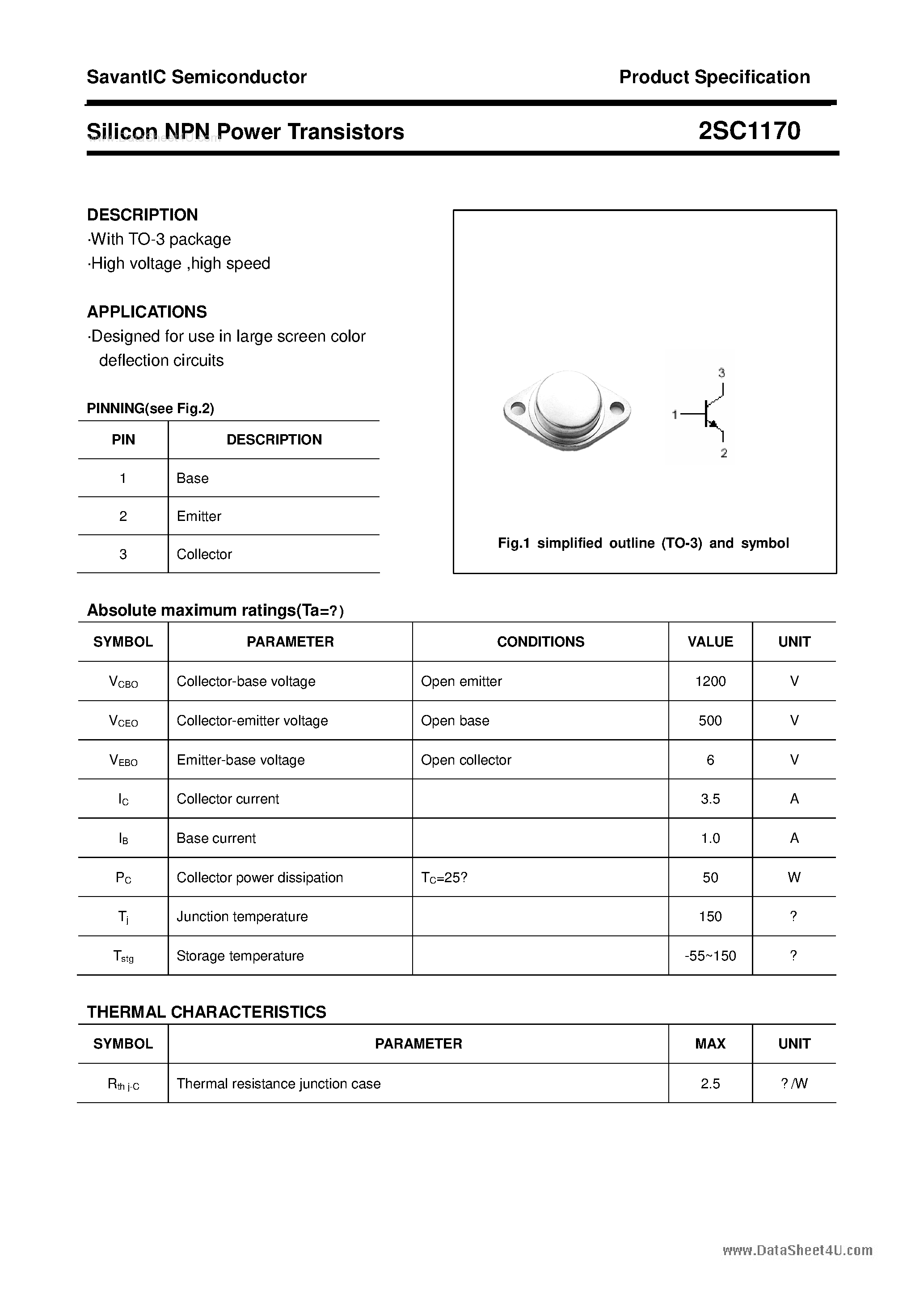 Datasheet 2SC1170 - SILICON POWER TRANSISTOR page 1