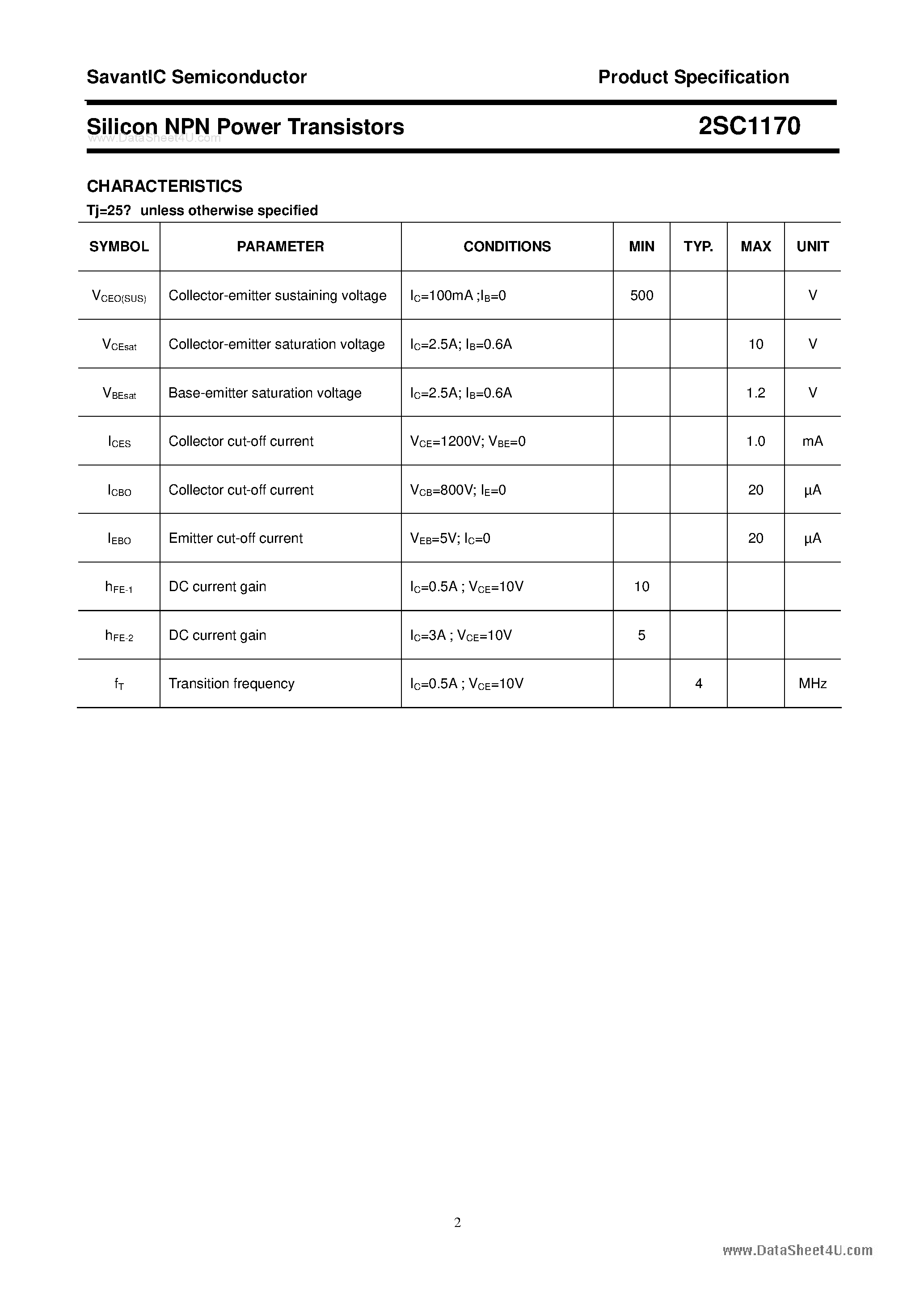 Datasheet 2SC1170 - SILICON POWER TRANSISTOR page 2