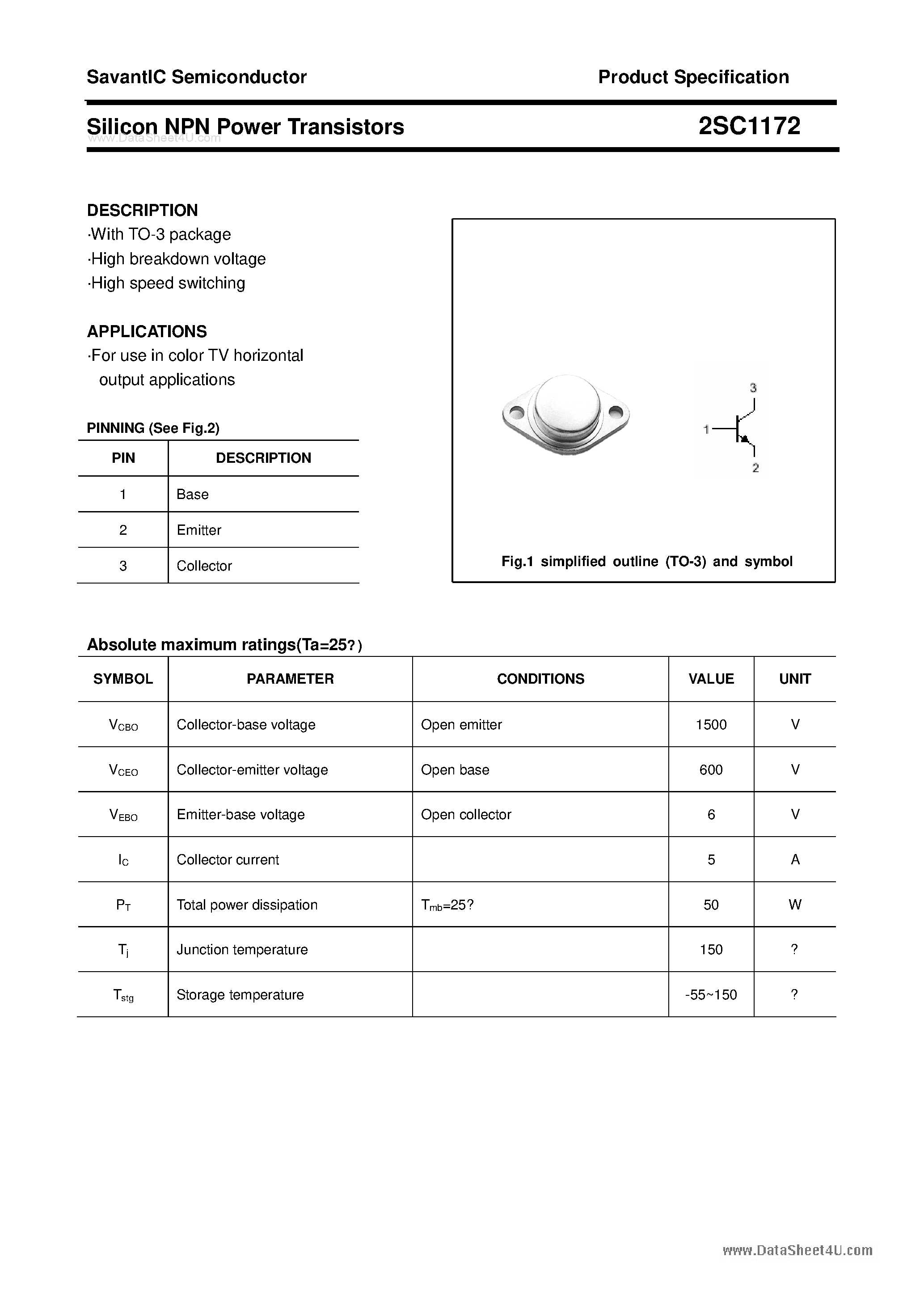 Datasheet 2SC1172 - SILICON POWER TRANSISTOR page 1