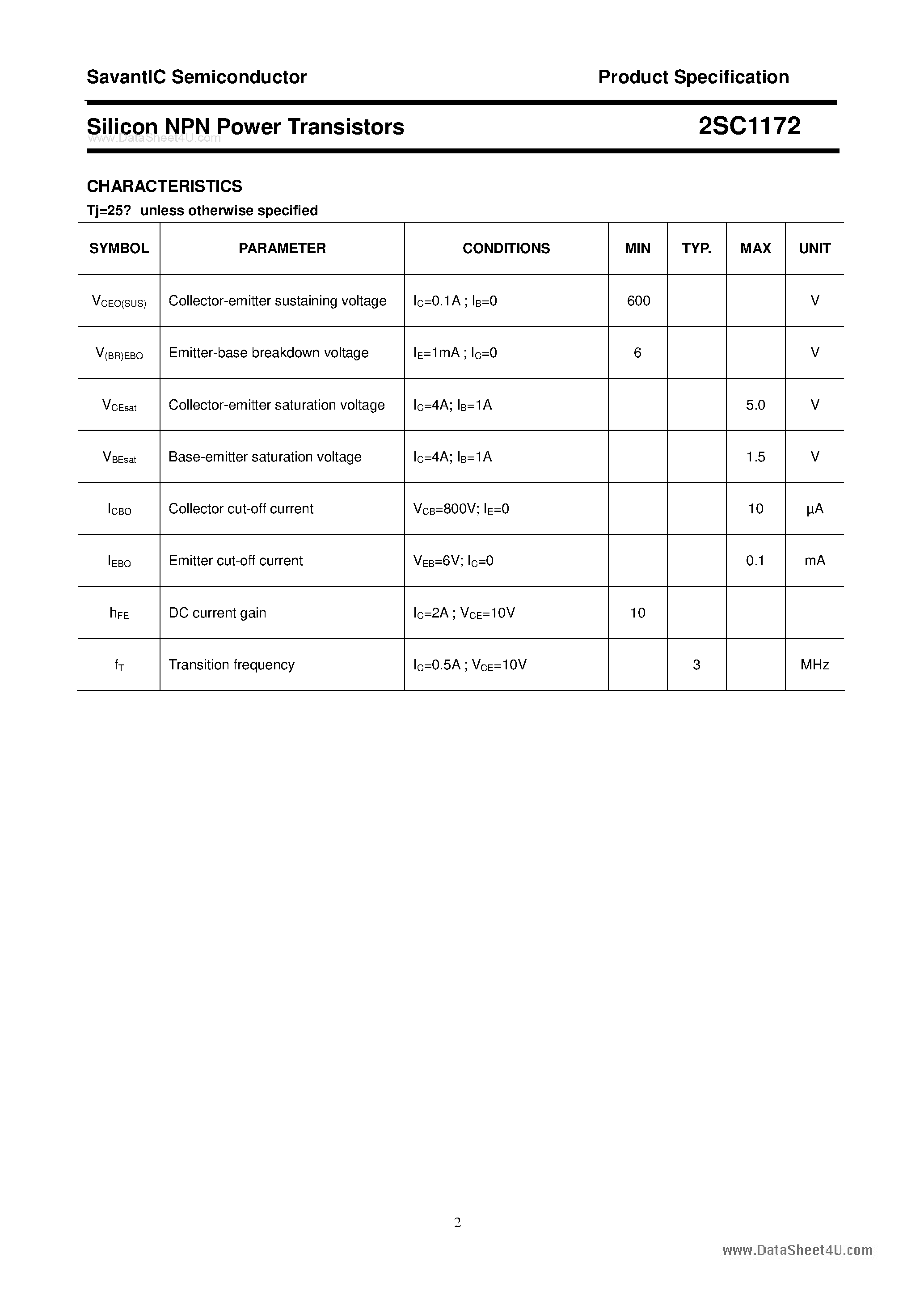 Datasheet 2SC1172 - SILICON POWER TRANSISTOR page 2