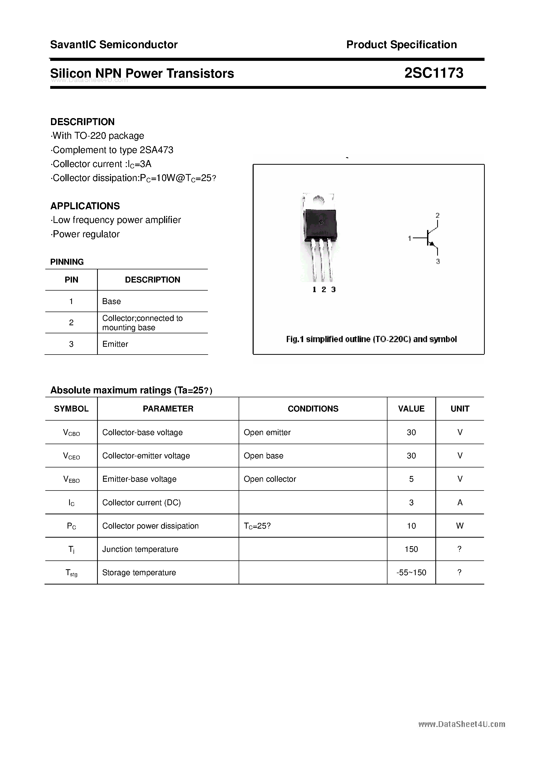 Datasheet 2SC1173 - SILICON POWER TRANSISTOR page 1