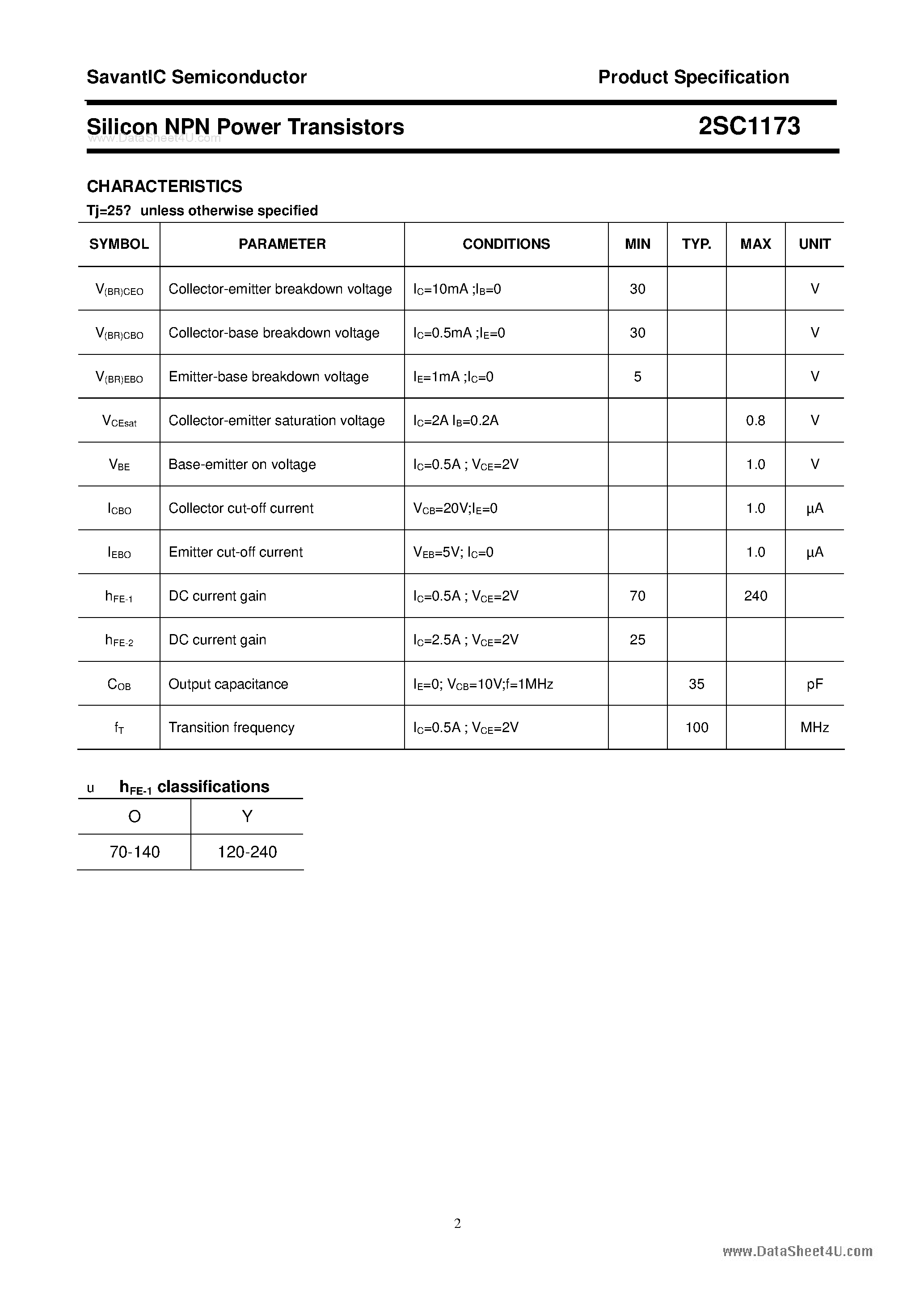 Datasheet 2SC1173 - SILICON POWER TRANSISTOR page 2