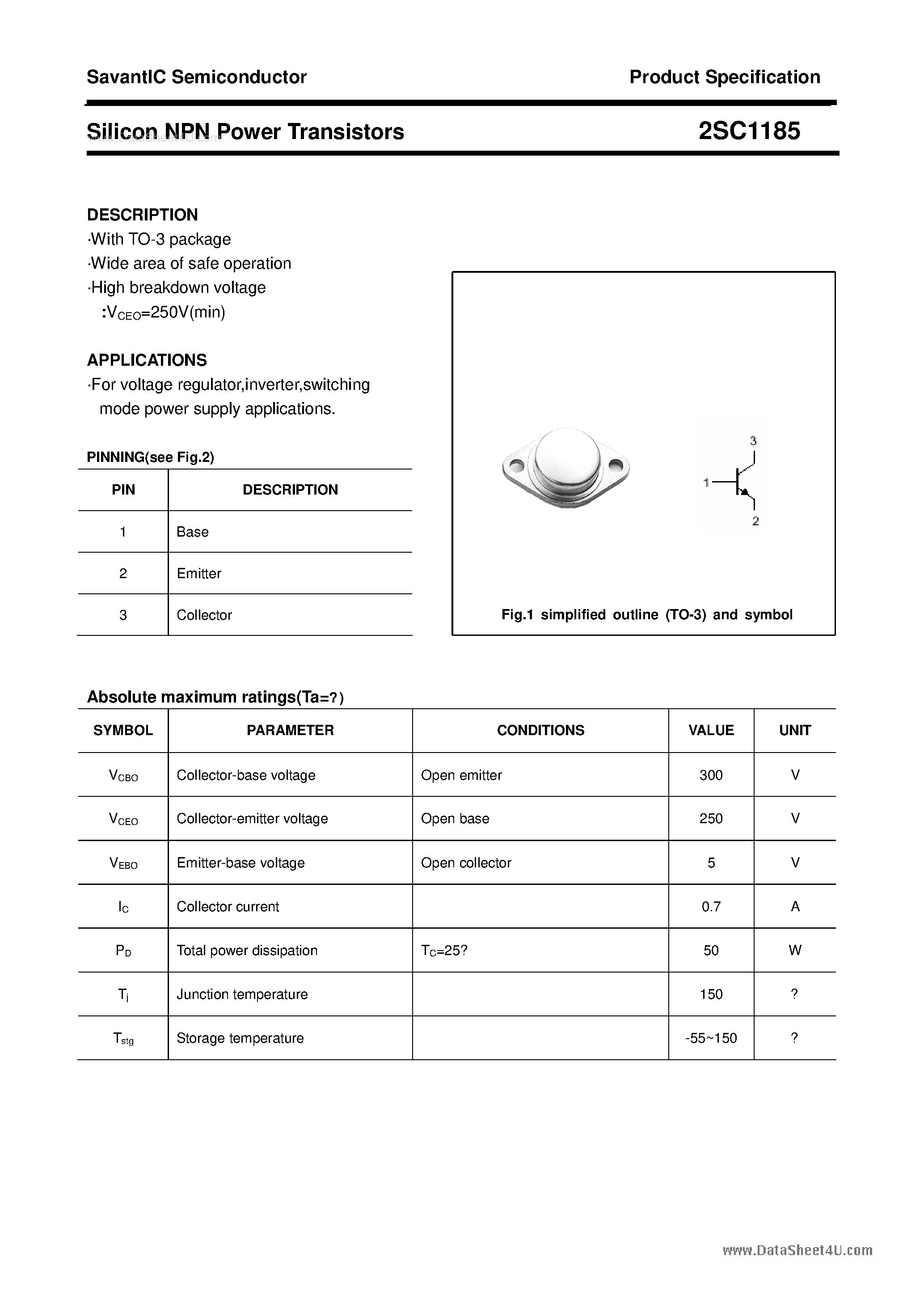 Datasheet 2SC1185 - SILICON POWER TRANSISTOR page 1