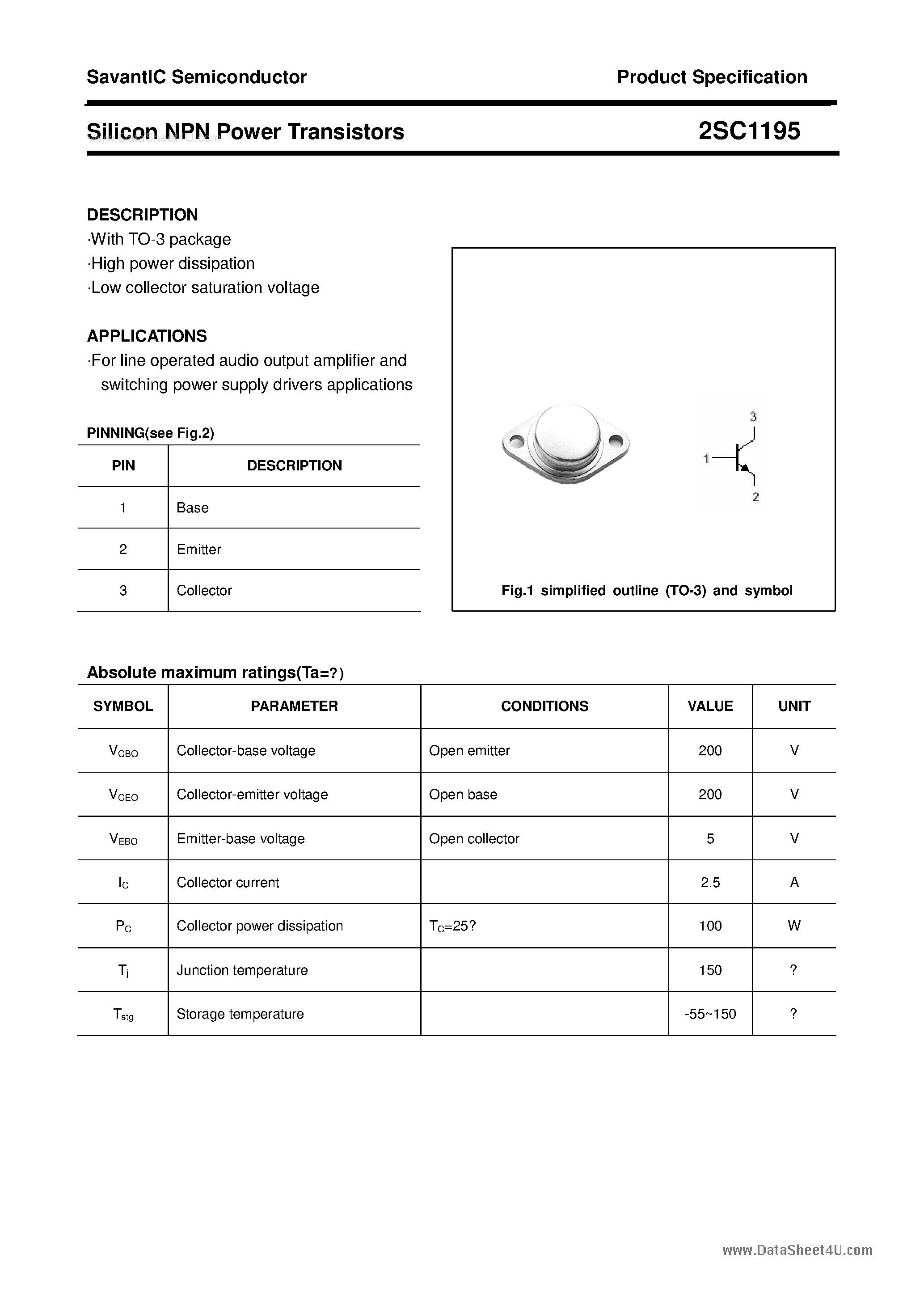 Datasheet 2SC1195 - SILICON POWER TRANSISTOR page 1