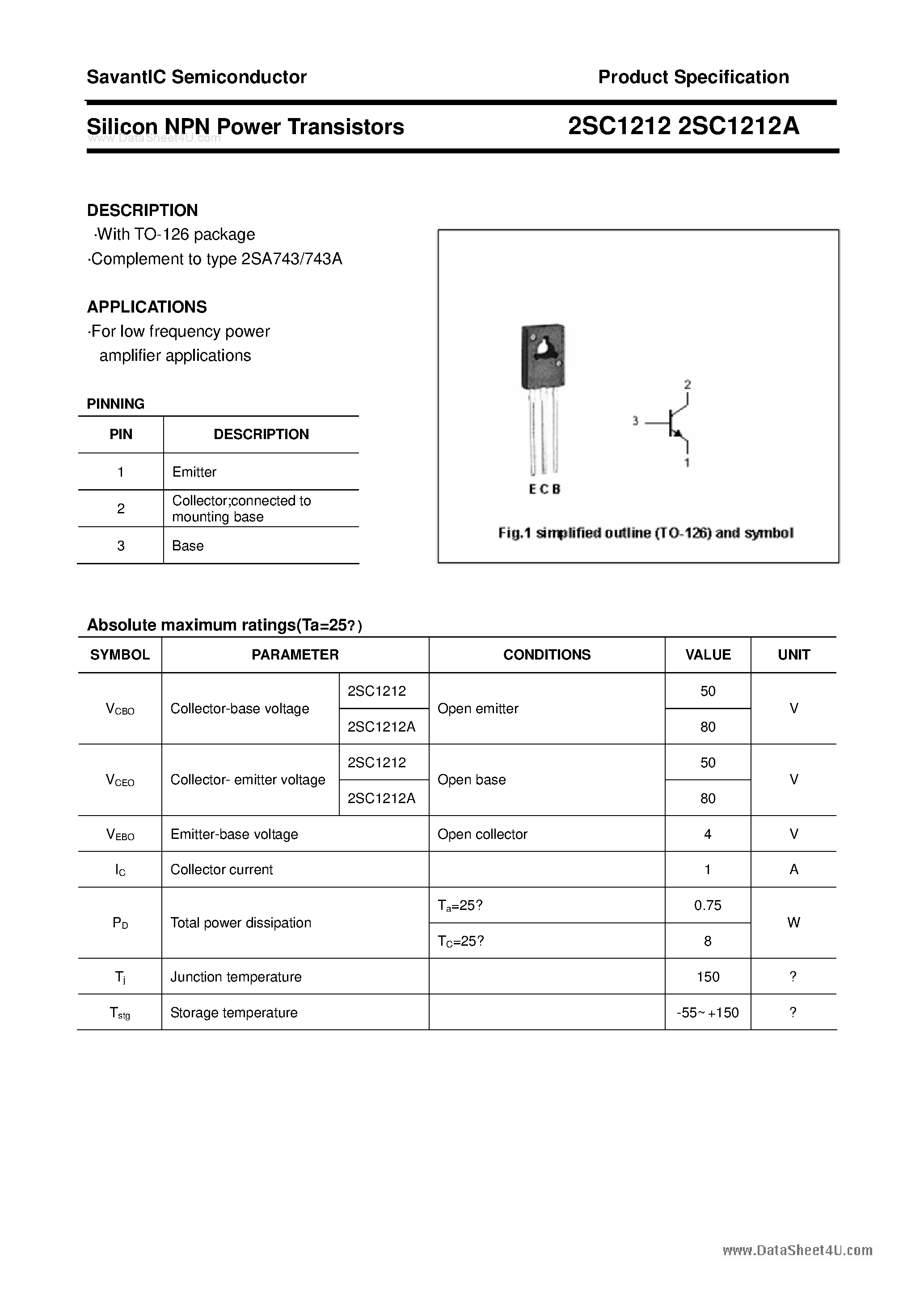 Datasheet 2SC1212 - SILICON POWER TRANSISTOR page 1