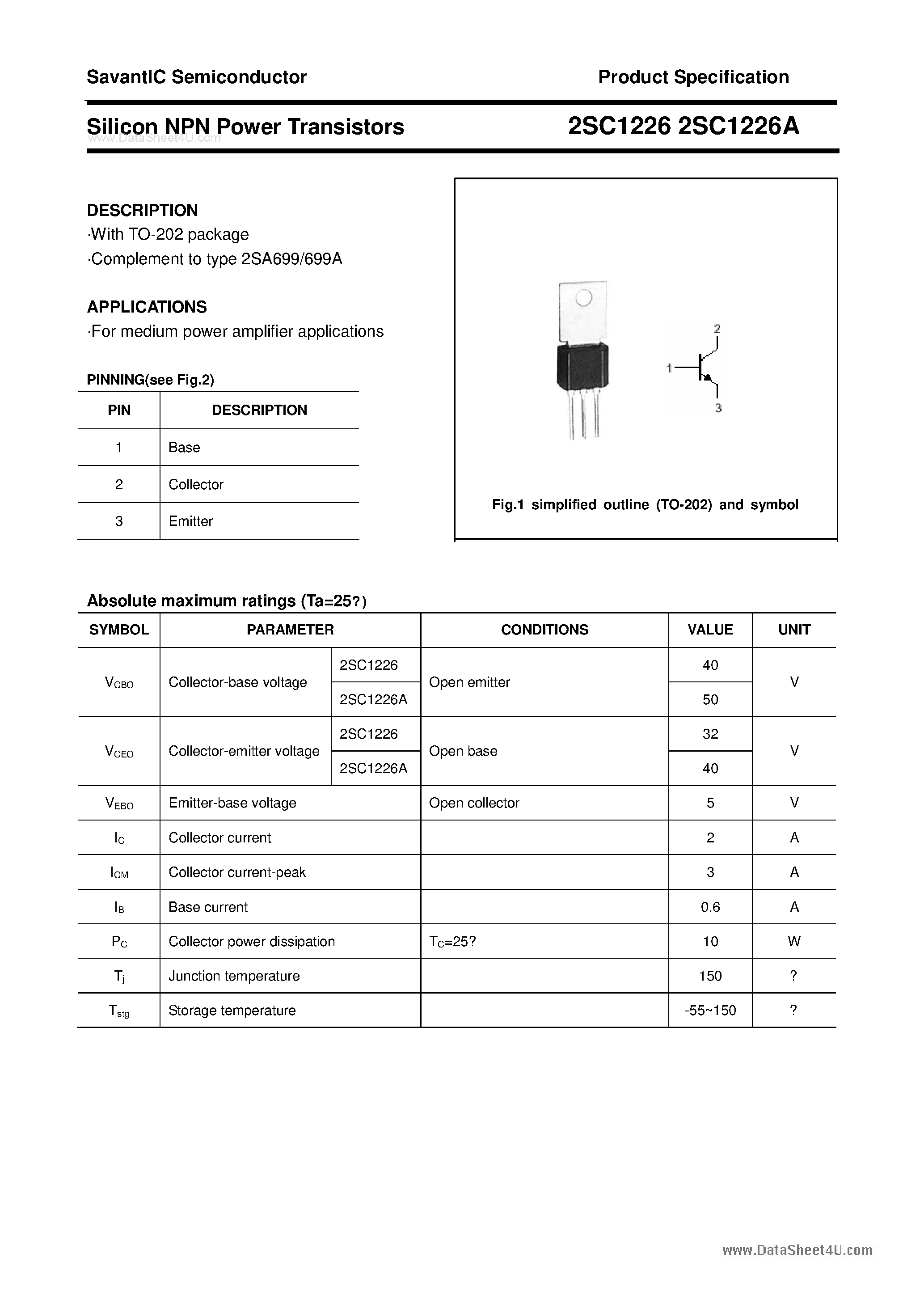 Datasheet 2SC1226 - SILICON POWER TRANSISTOR page 1