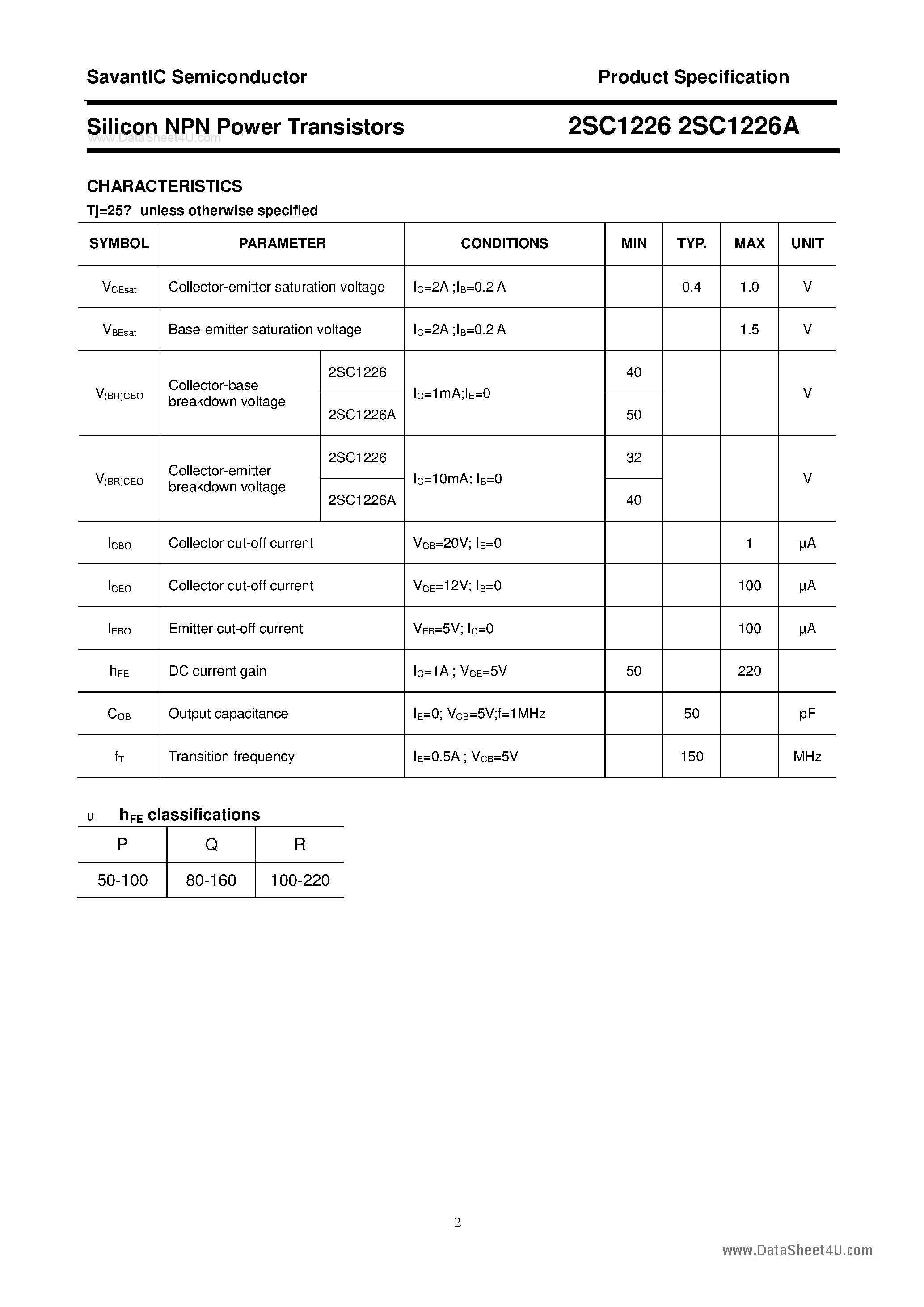 Datasheet 2SC1226 - SILICON POWER TRANSISTOR page 2