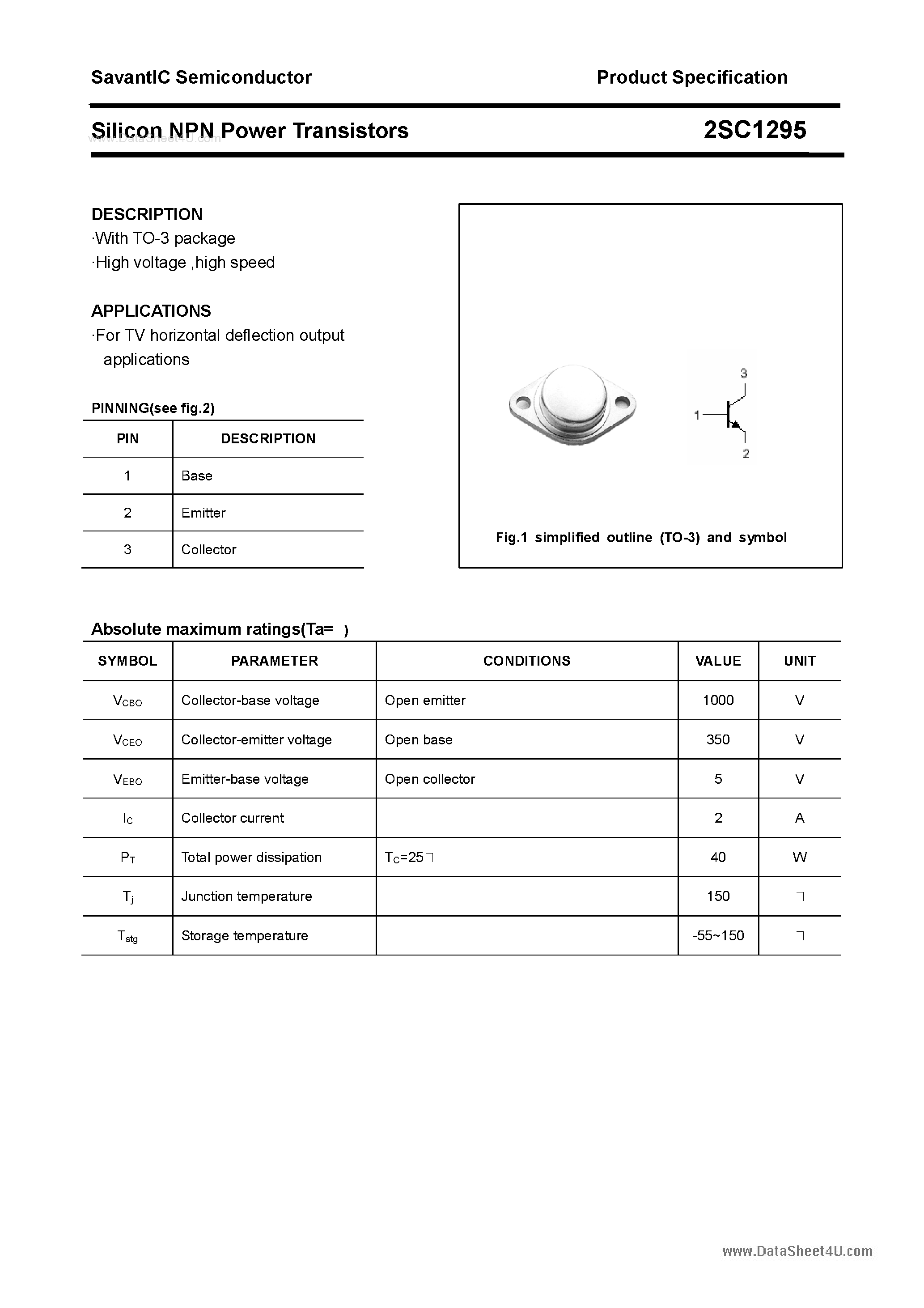 Datasheet 2SC1295 - SILICON POWER TRANSISTOR page 1