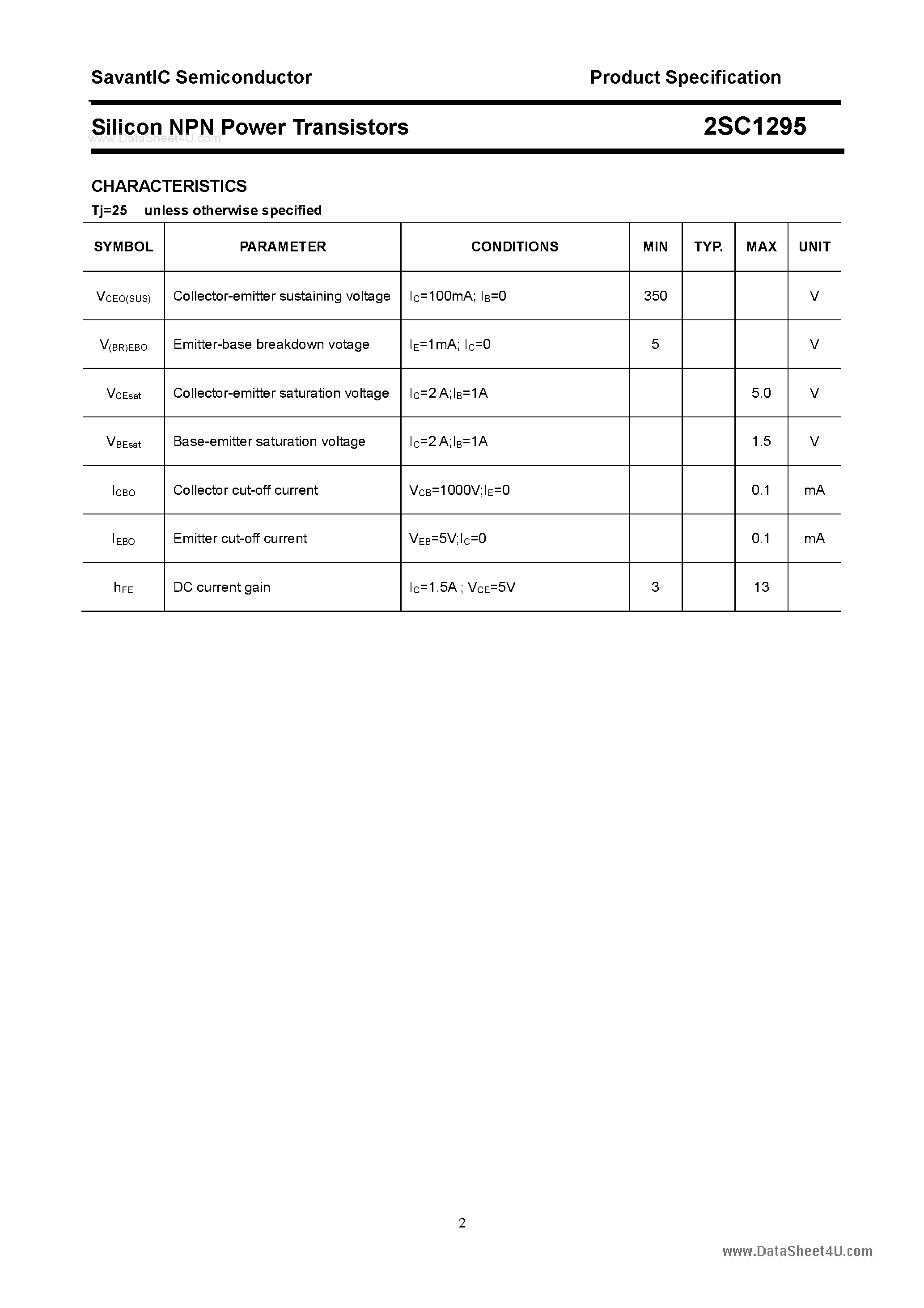 Datasheet 2SC1295 - SILICON POWER TRANSISTOR page 2