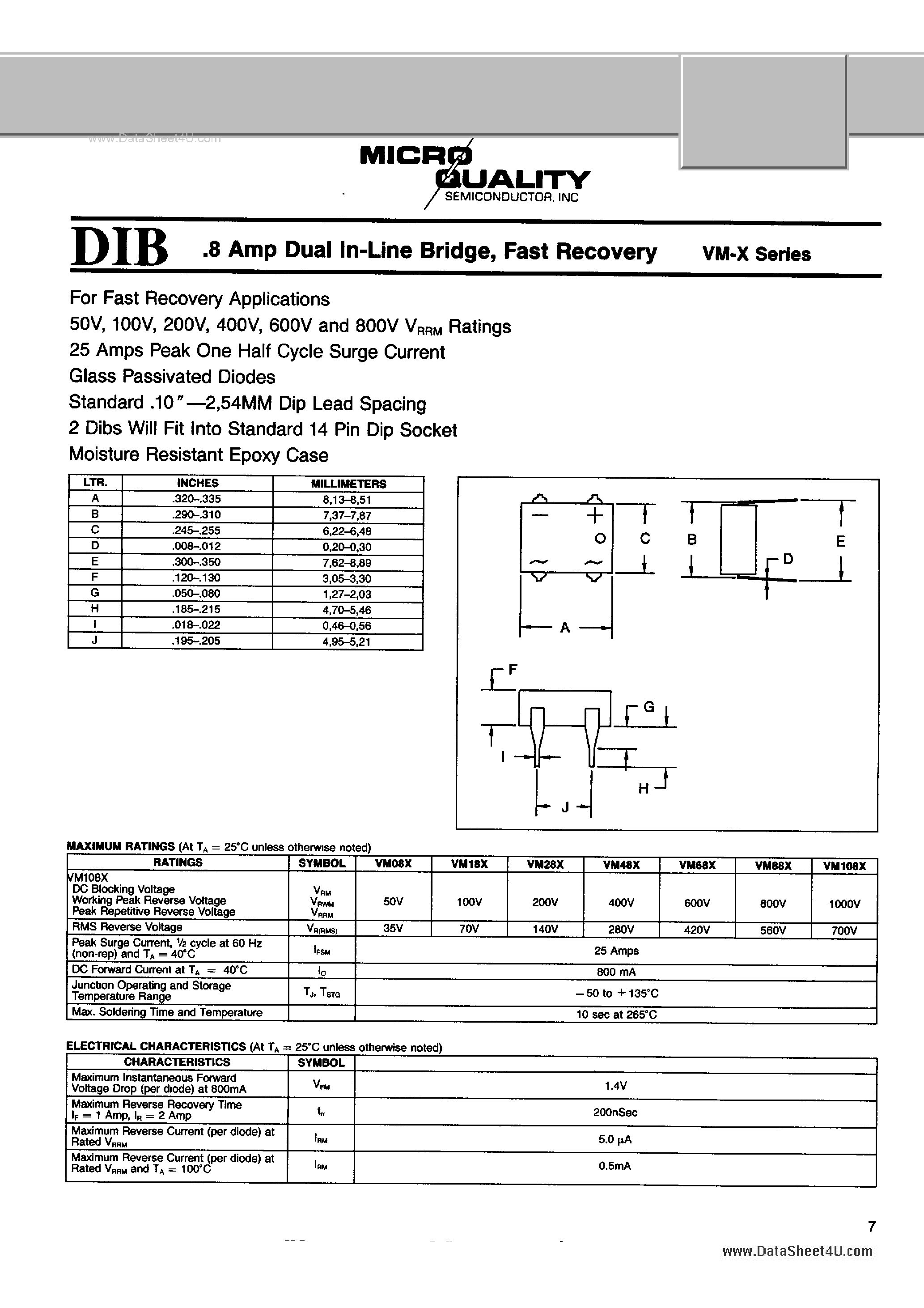 Даташит VM-X - 0.8 Amp Dual In Line Bridge страница 1