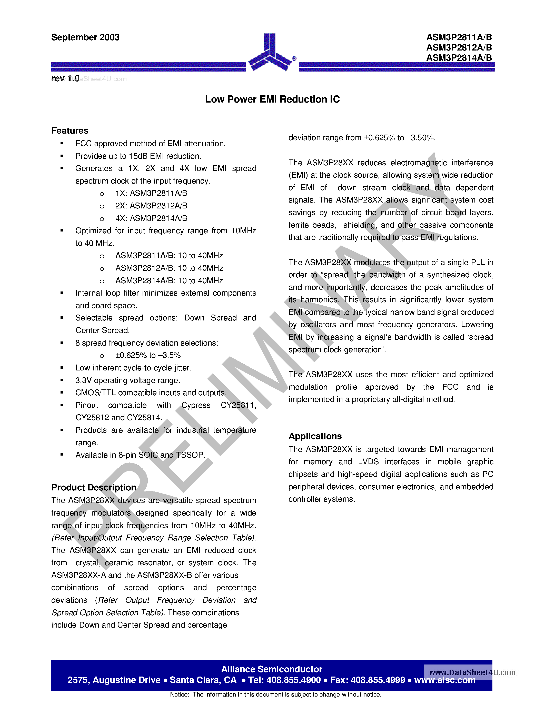 Datasheet ASM3P2811A - (ASM3P281xA/B) Low Power EMI Reduction IC page 1