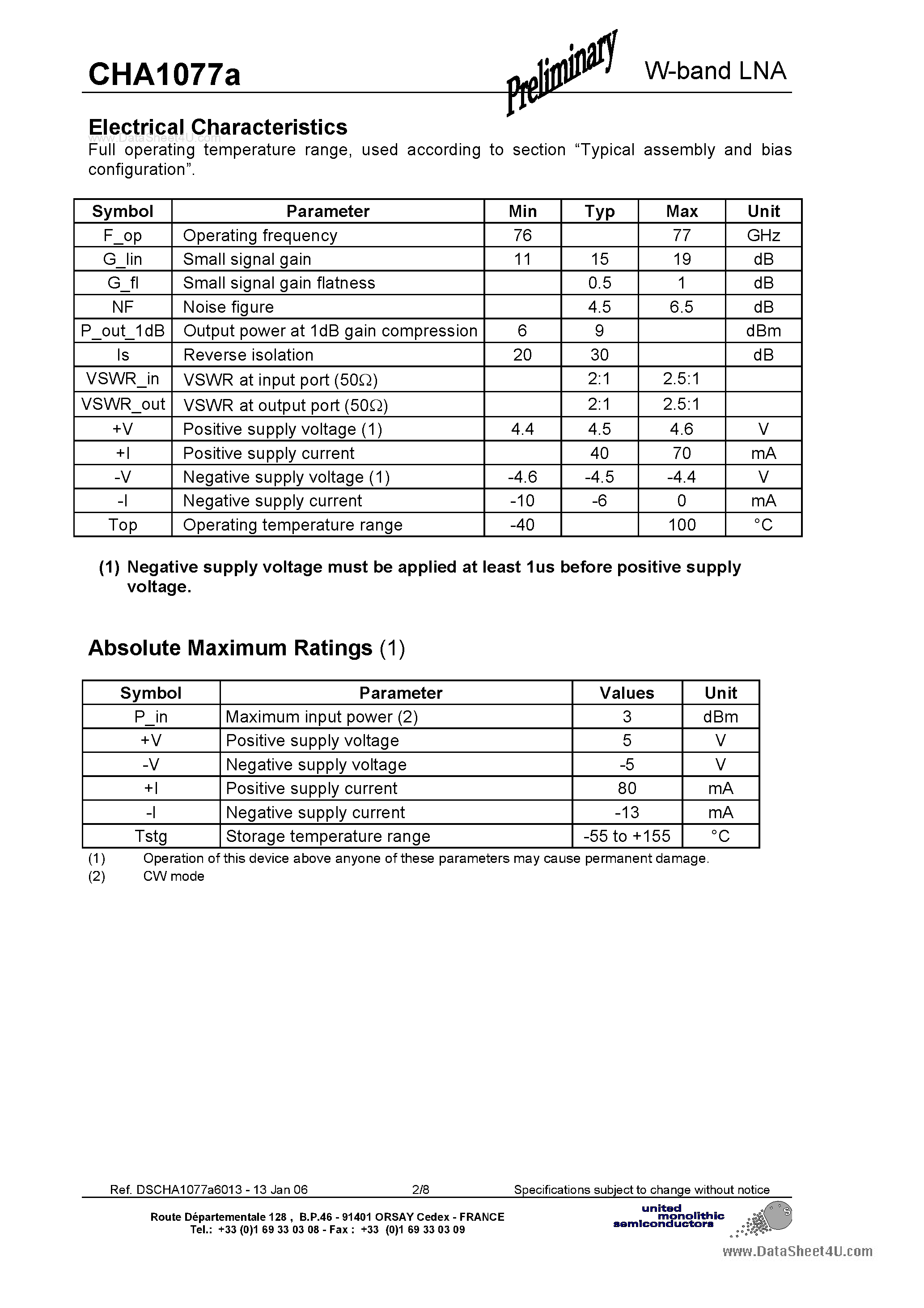 Даташит CHA1077A - W-band Low Noise Amplifier страница 2