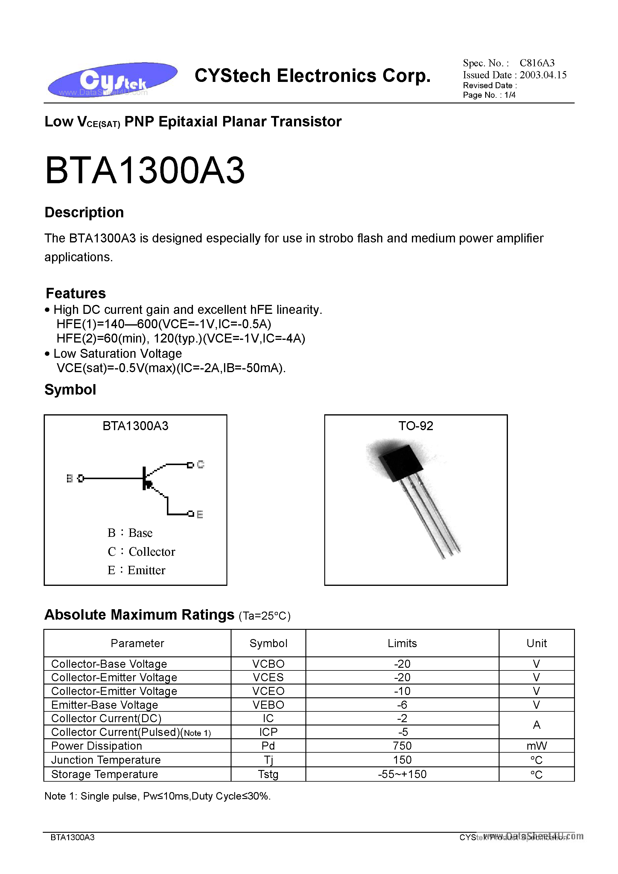 Datasheet BTA1300A3 - Low VCE(SAT) PNP Epitaxial Planar Transistor page 1