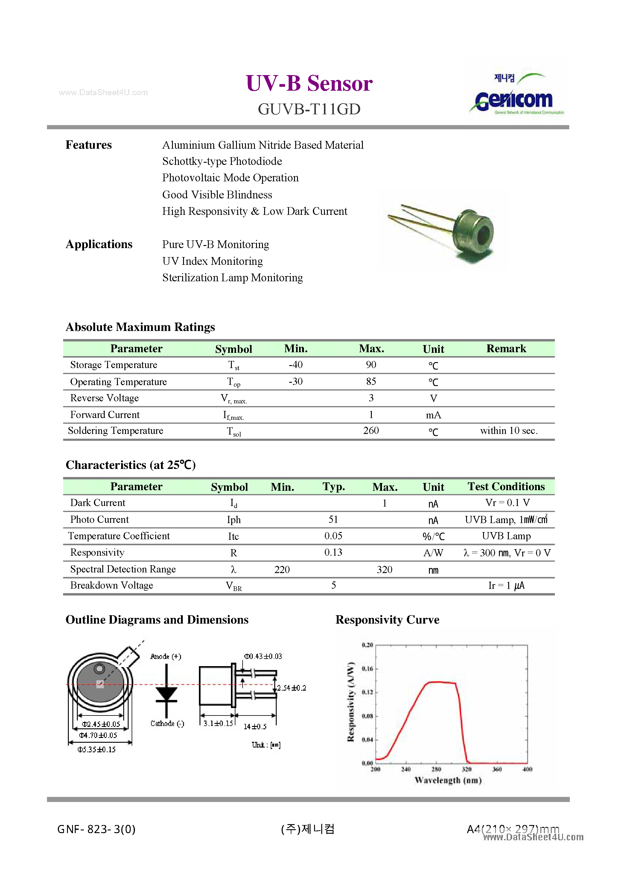 Datasheet GUVB-T11GD - UV-B Sensor page 1