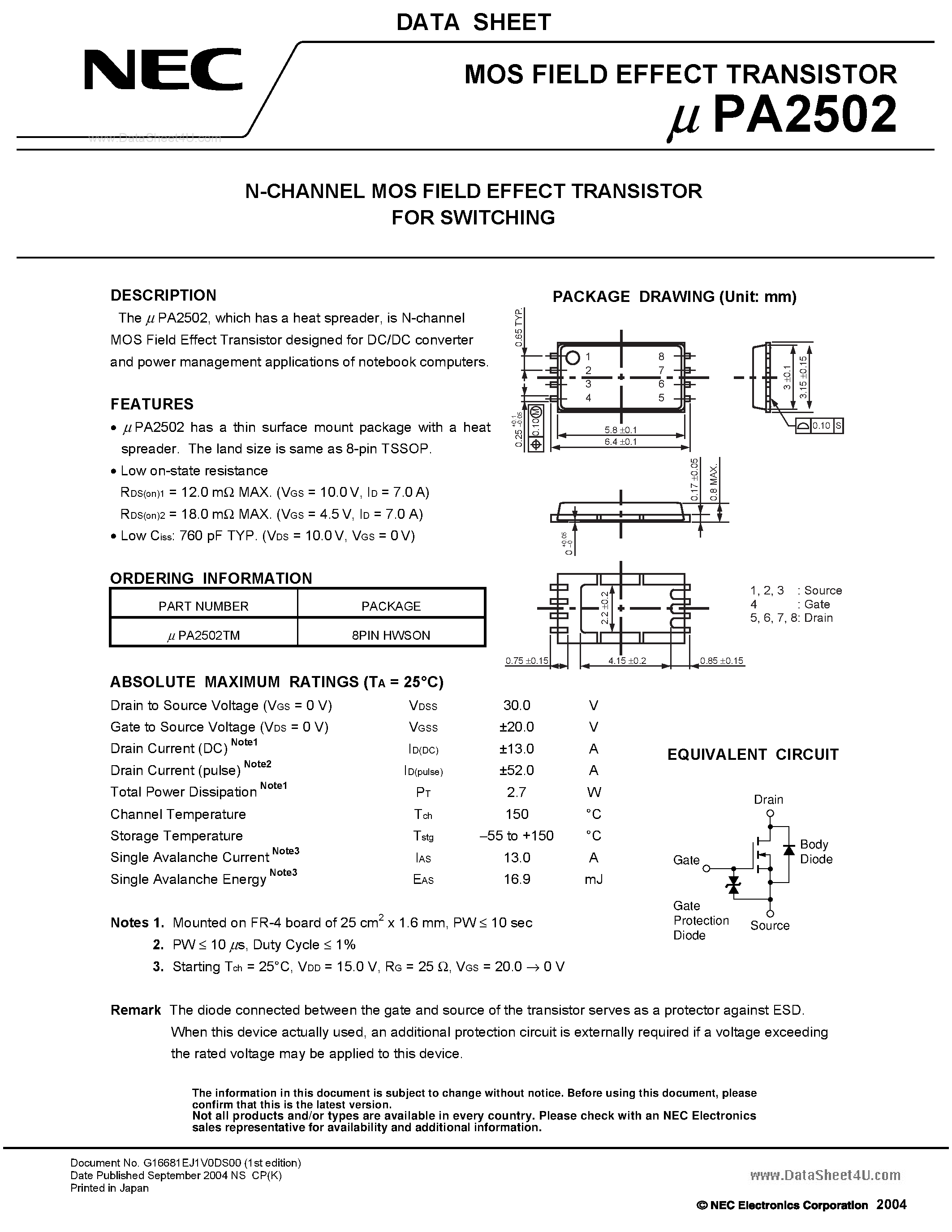 Даташит UPA2502 - N-CHANNEL MOS FIELD EFFECT TRANSISTOR страница 1