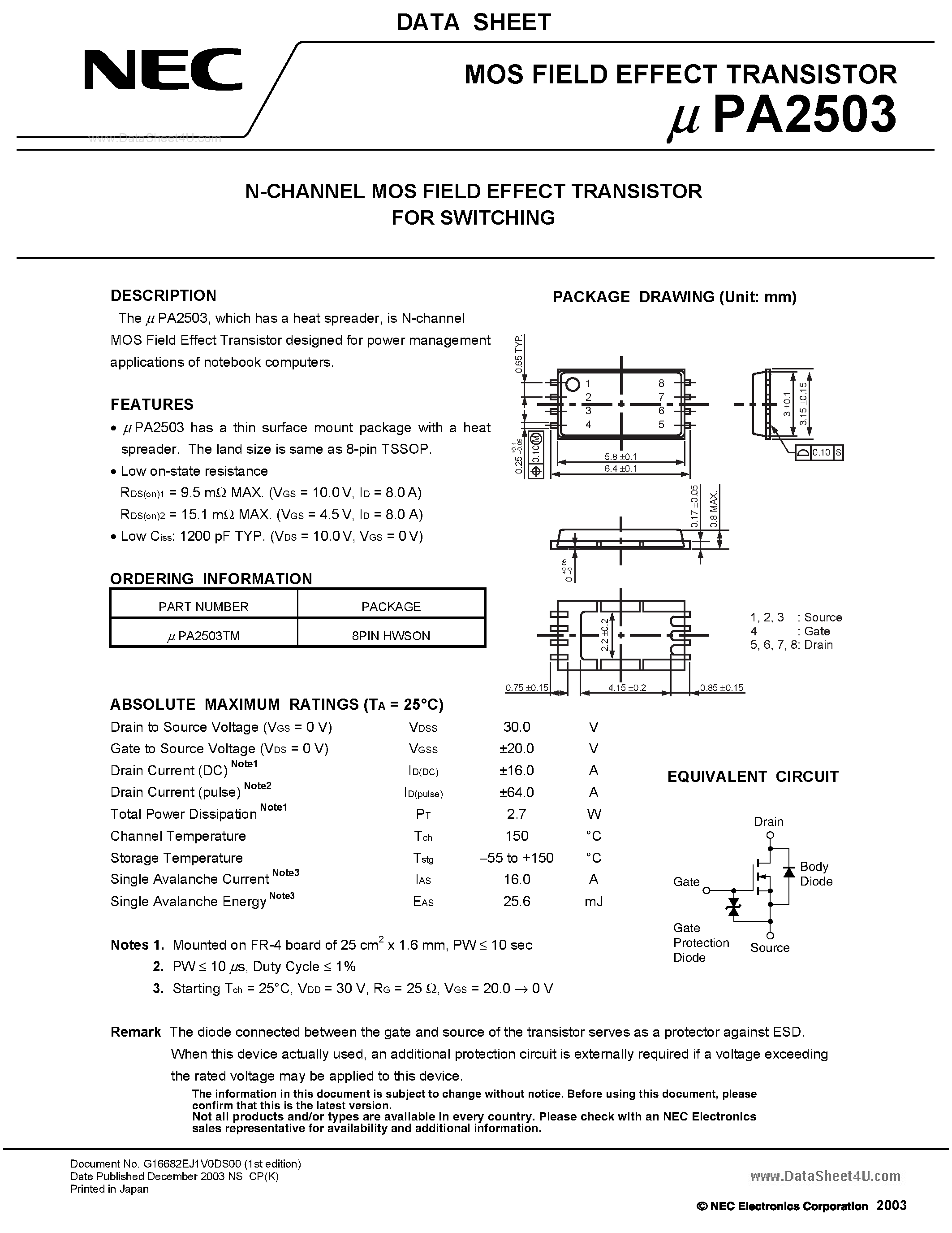 Даташит UPA2503 - N-CHANNEL MOS FIELD EFFECT TRANSISTOR страница 1