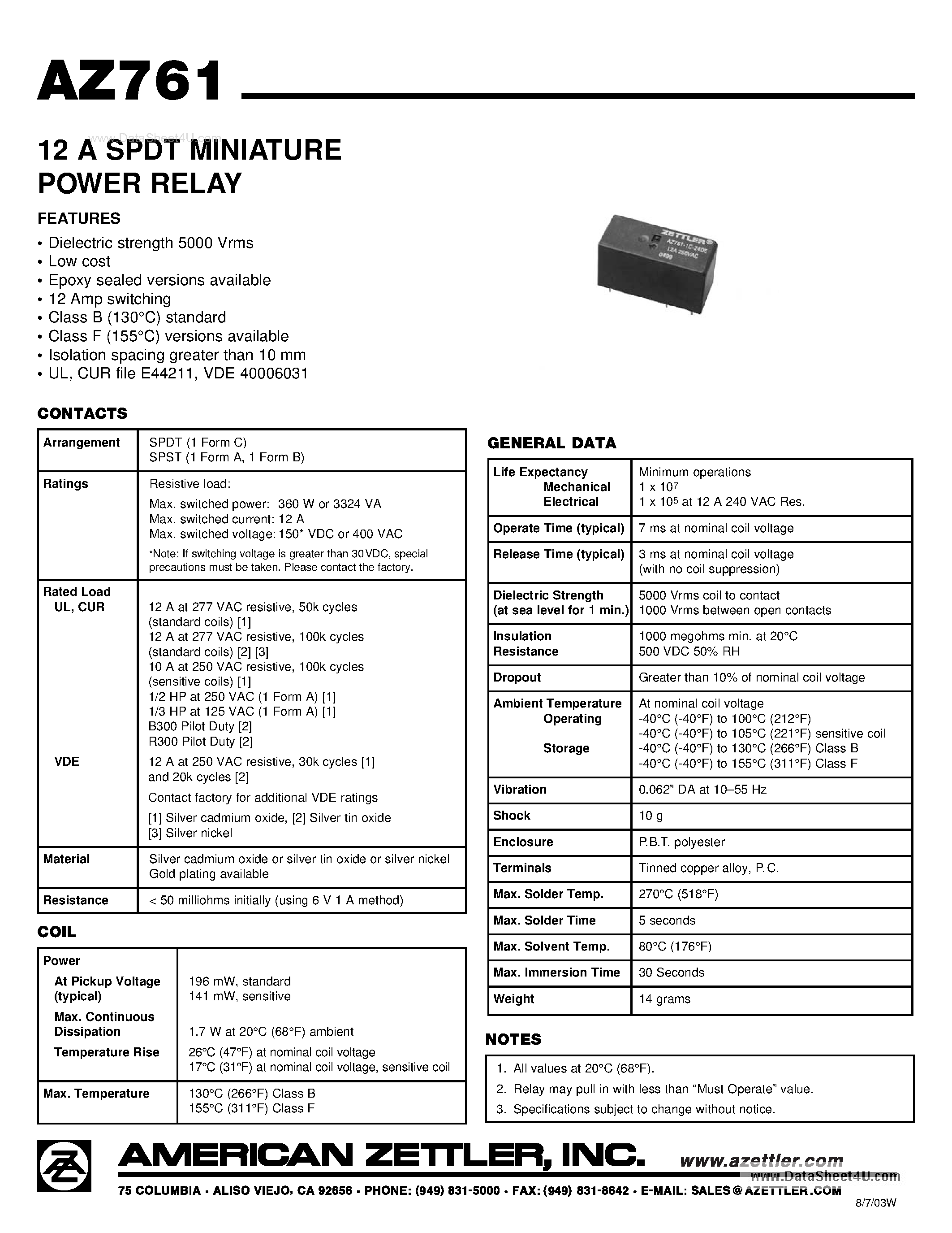 Даташит AZ761 - 12A SPDT Minuature Power Relay страница 1