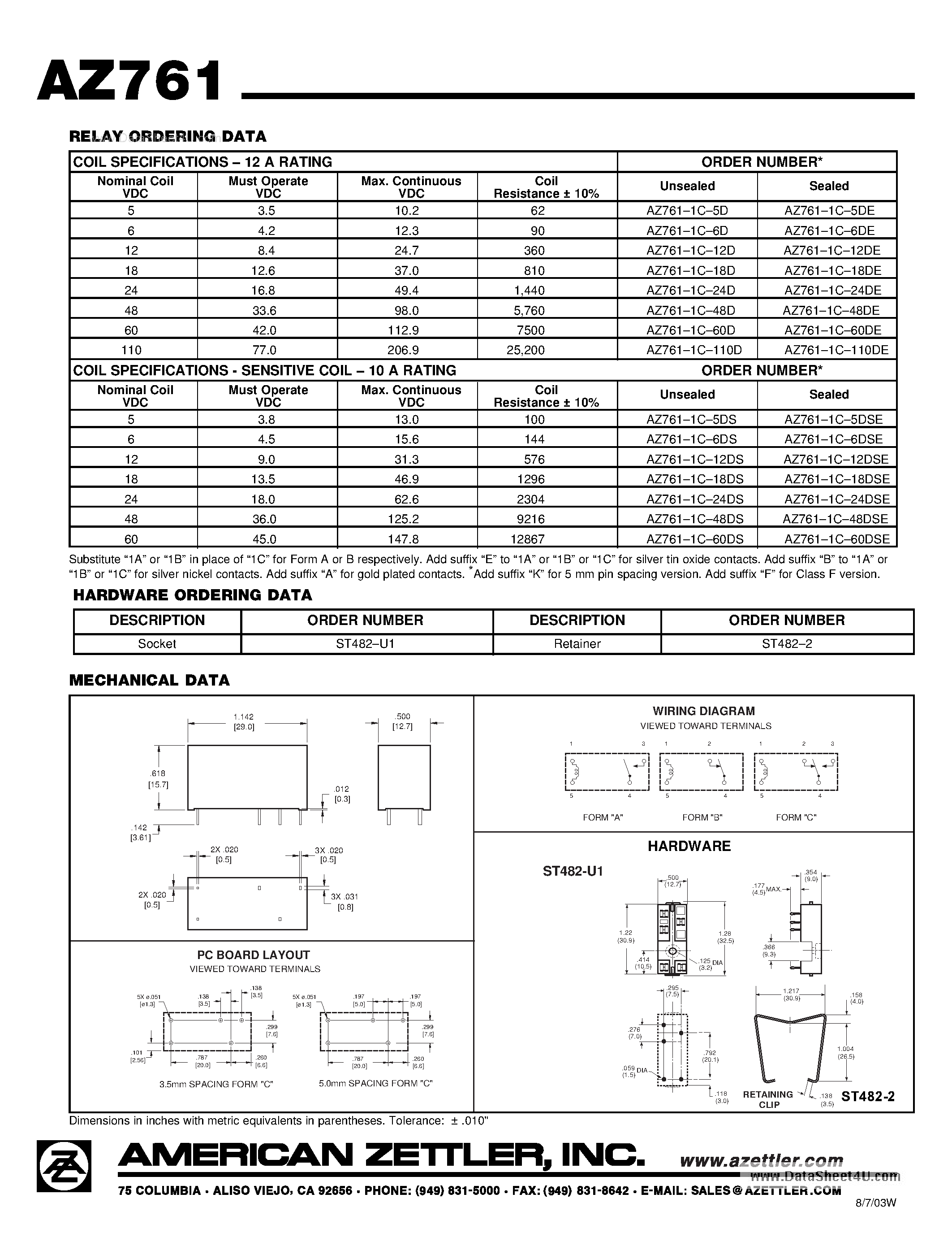 Даташит AZ761 - 12A SPDT Minuature Power Relay страница 2