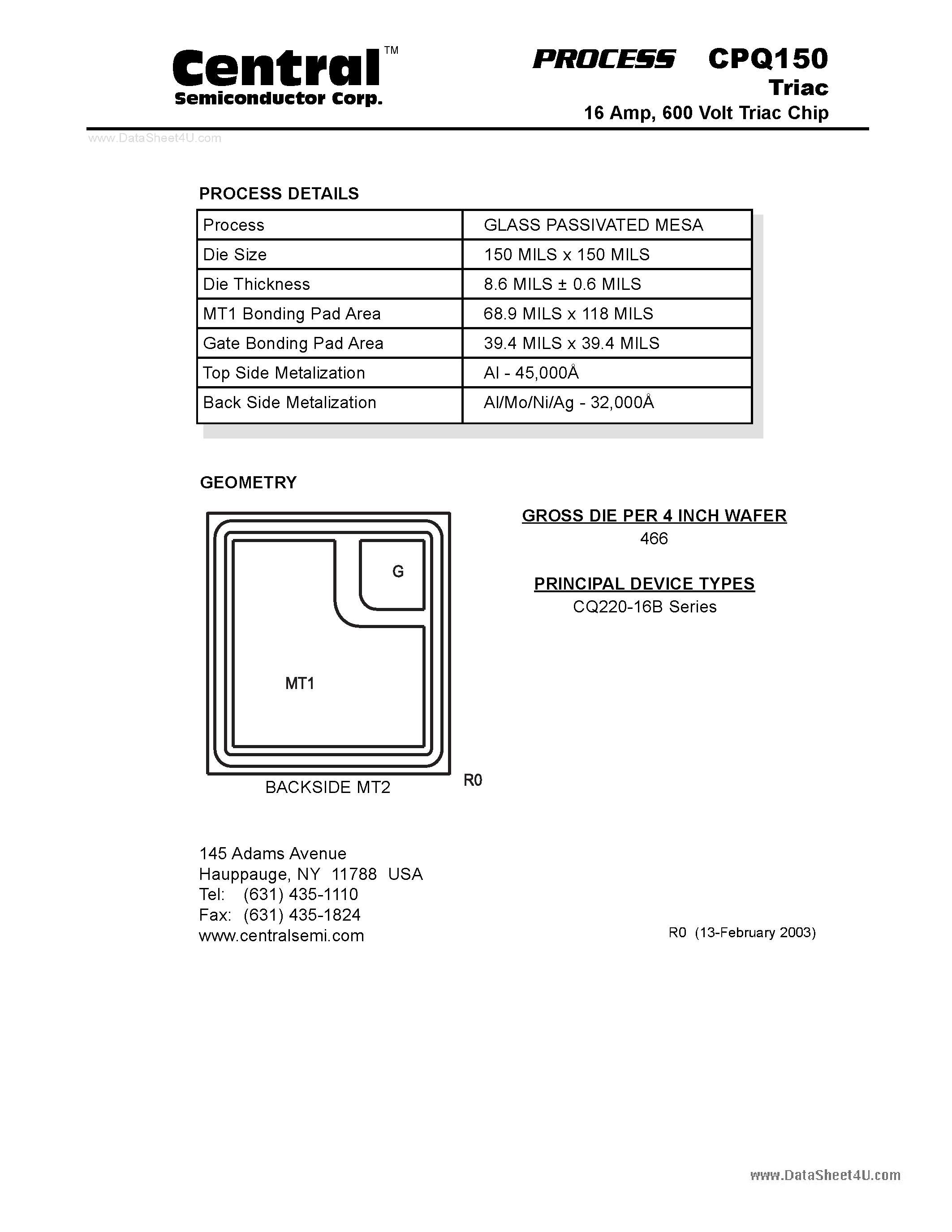 Даташит CPQ150 - 16A 600V Triac Chip страница 1