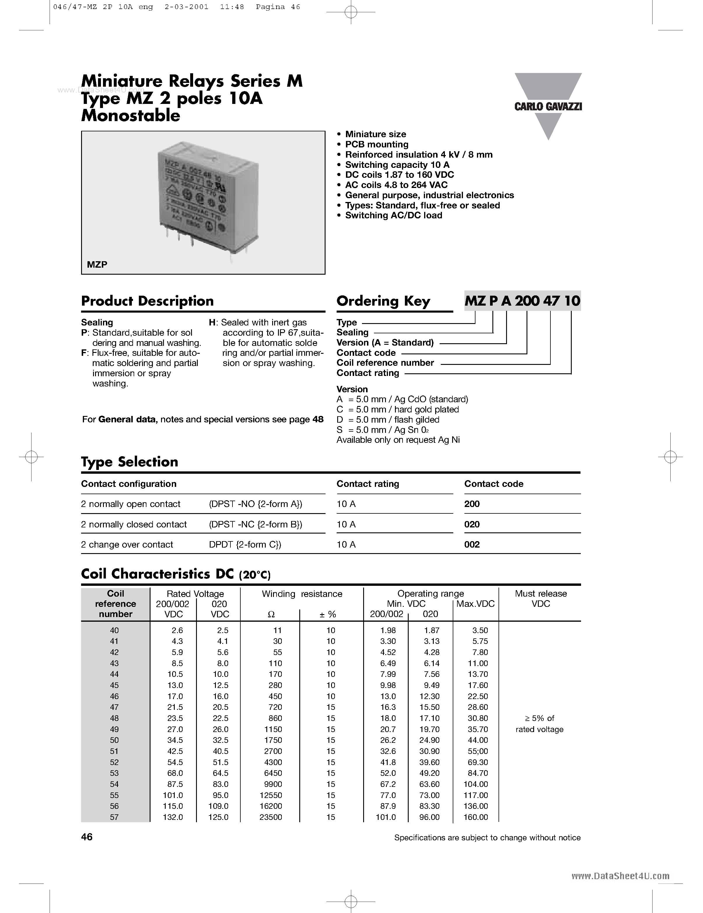 Даташит MZPA0xxxx - Miniature Relays Series M Type MZ 2 poles 10A Monostable страница 1