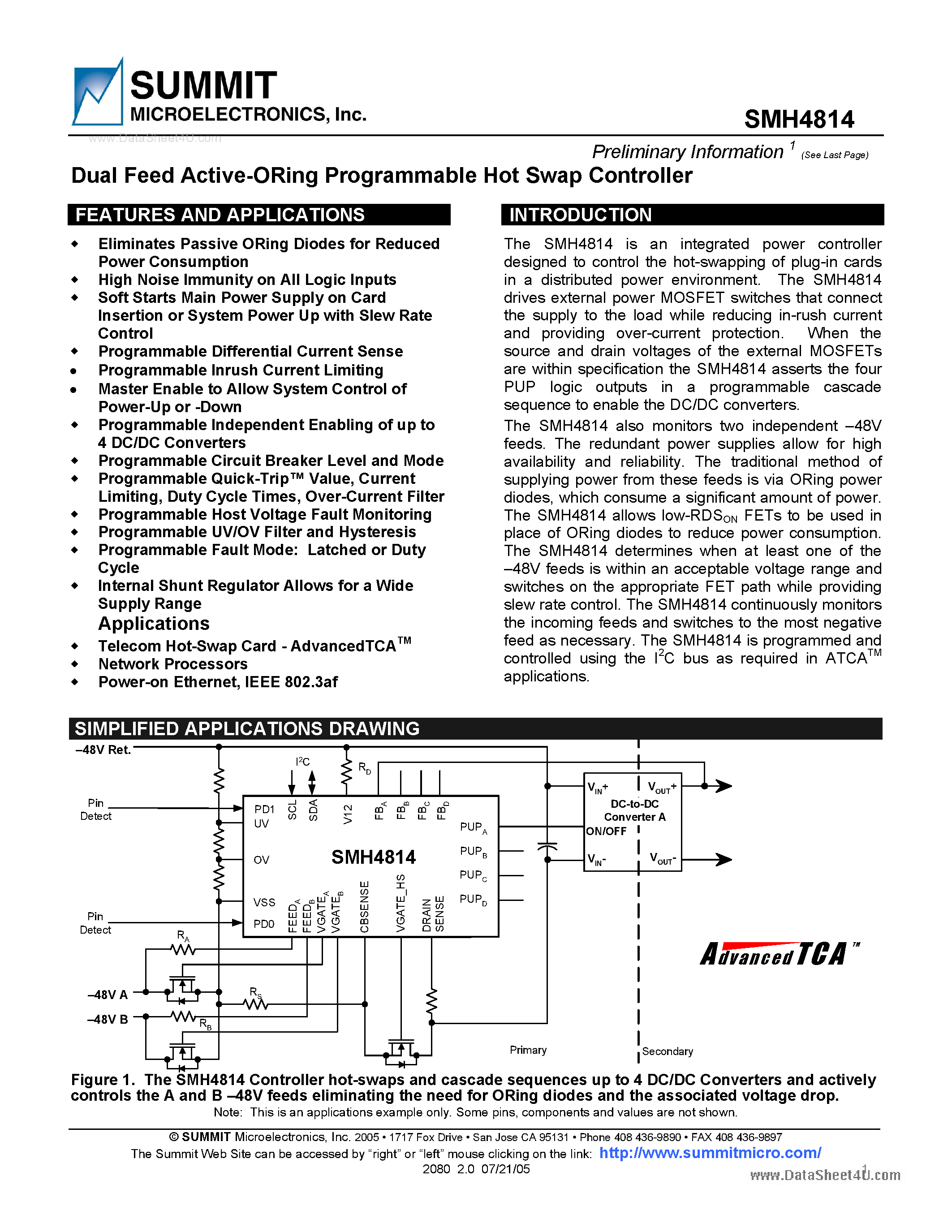 Даташит SMH4814 - Dual Feed Active-ORing Programmable Hot Swap Controller страница 1