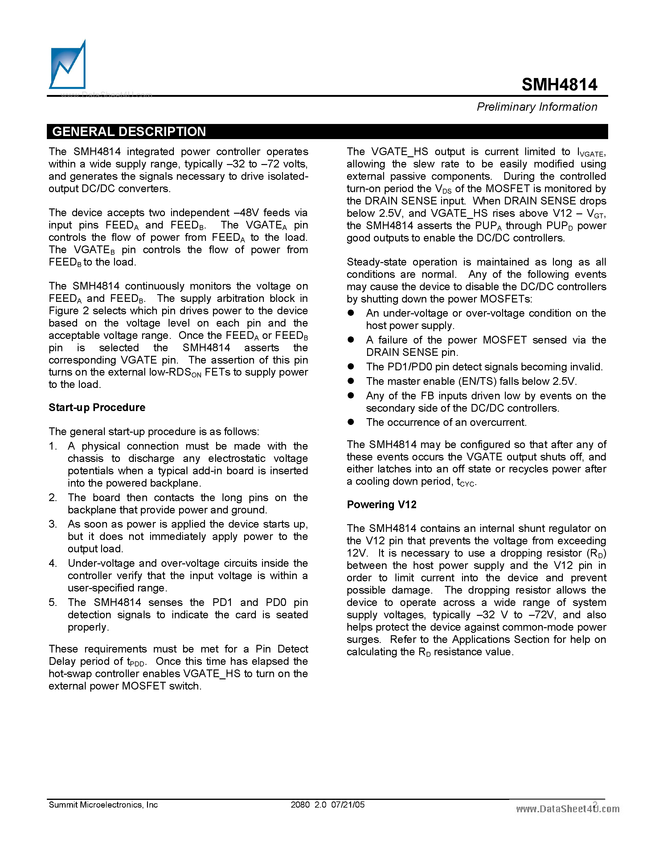 Даташит SMH4814 - Dual Feed Active-ORing Programmable Hot Swap Controller страница 2