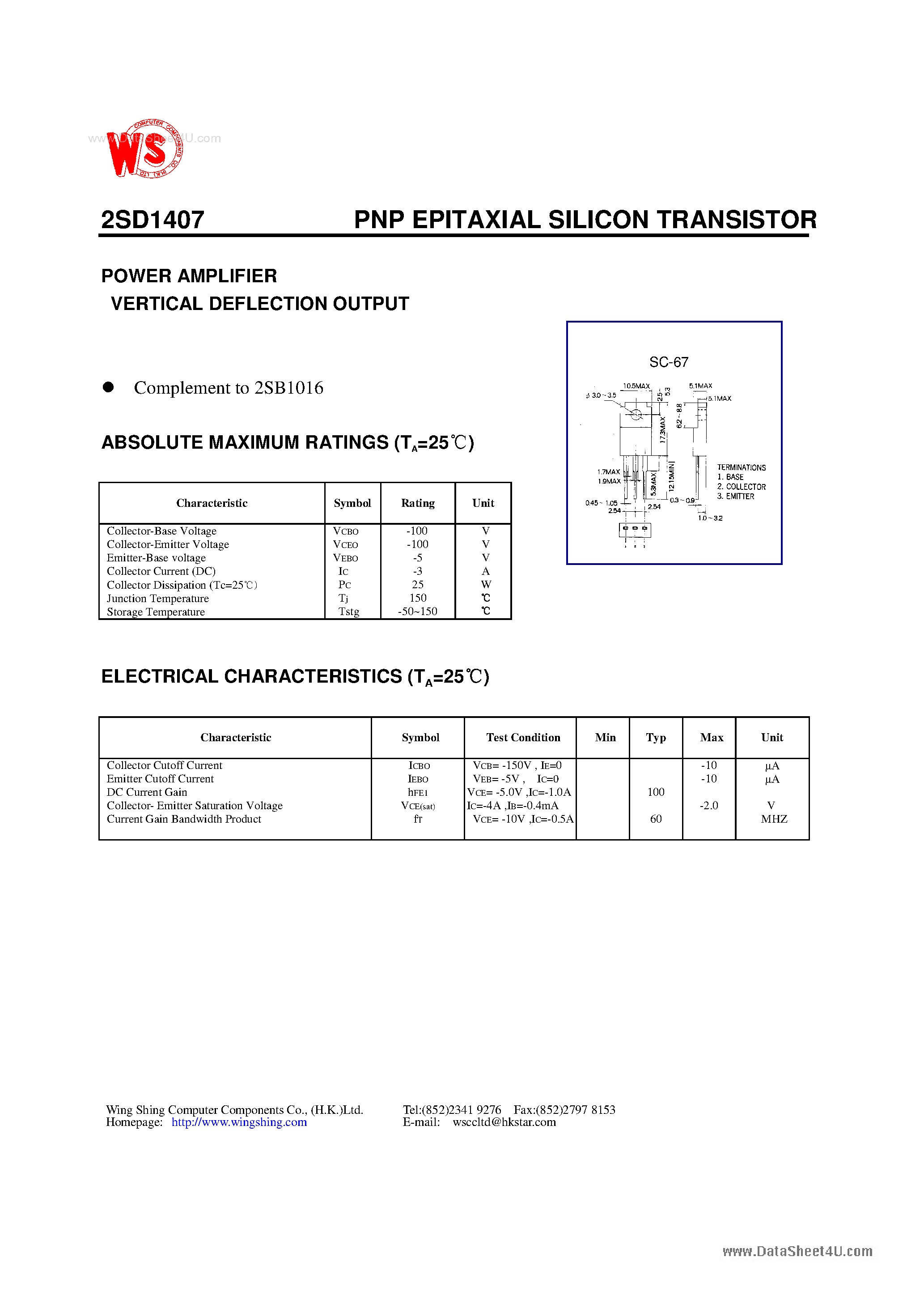 Datasheet D1407 - Search -----> 2SD1407 page 1