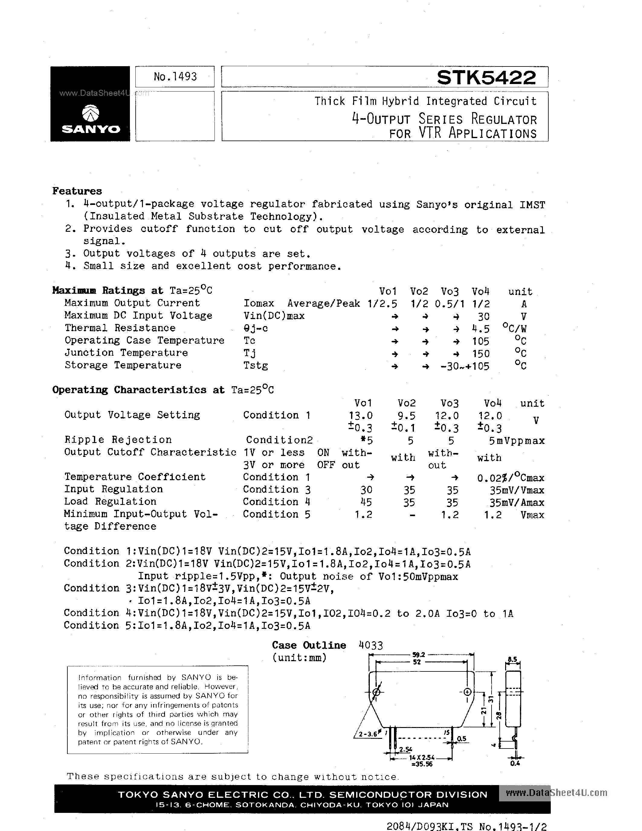 Datasheet STK5422 - 4-Output Series Regulator page 1