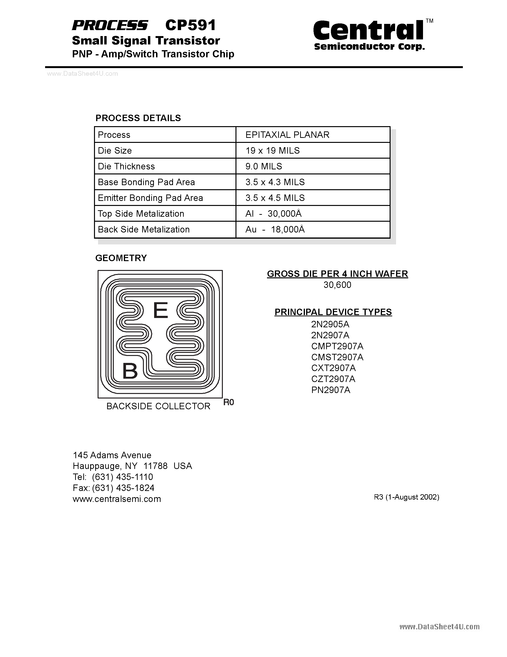 Datasheet CP591 - Small Signal Transistor PNP - Amp/Switch Transistor Chip page 1