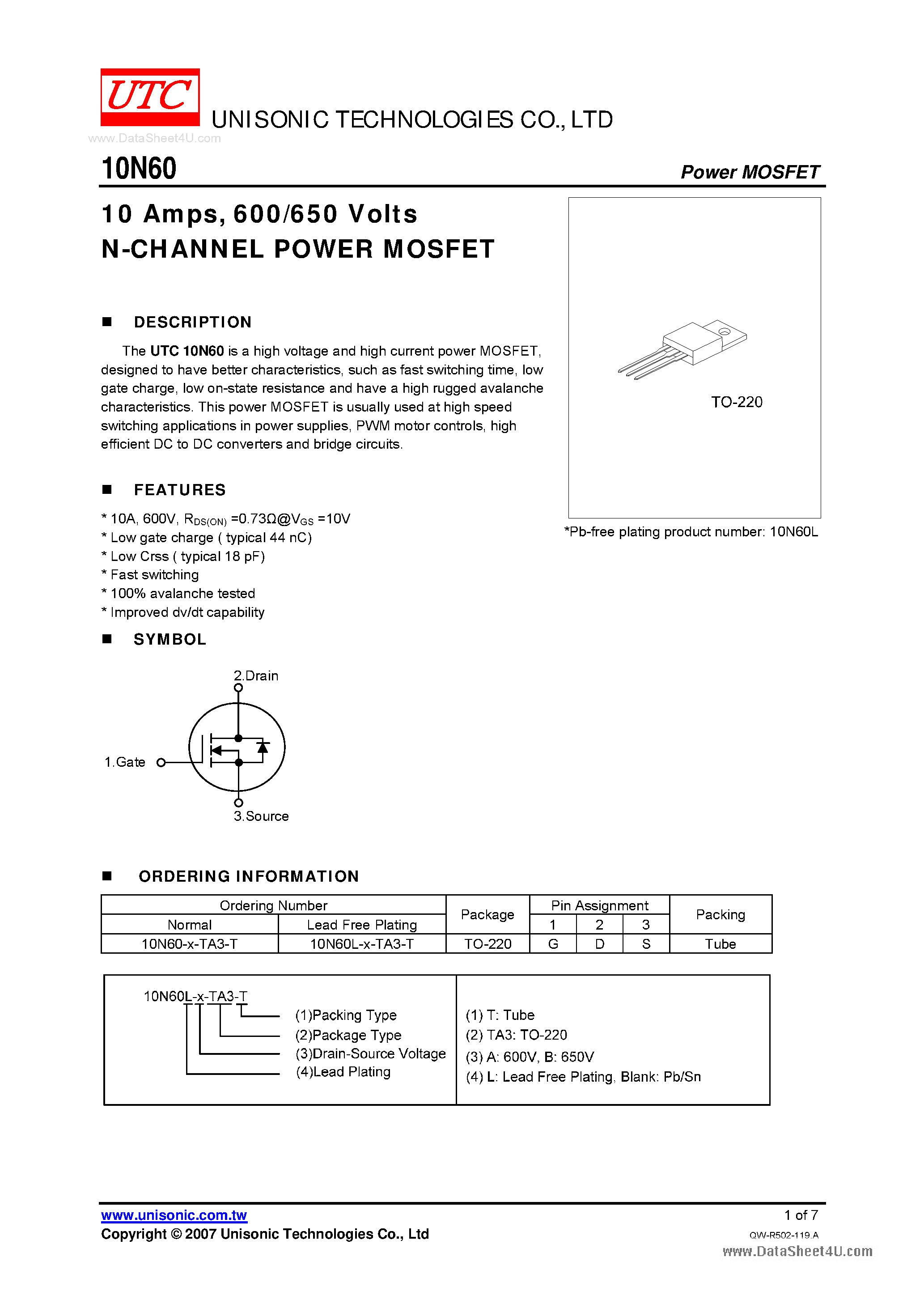 Даташит 10N60 - 600/650 Volts N-CHANNEL POWER MOSFET страница 1