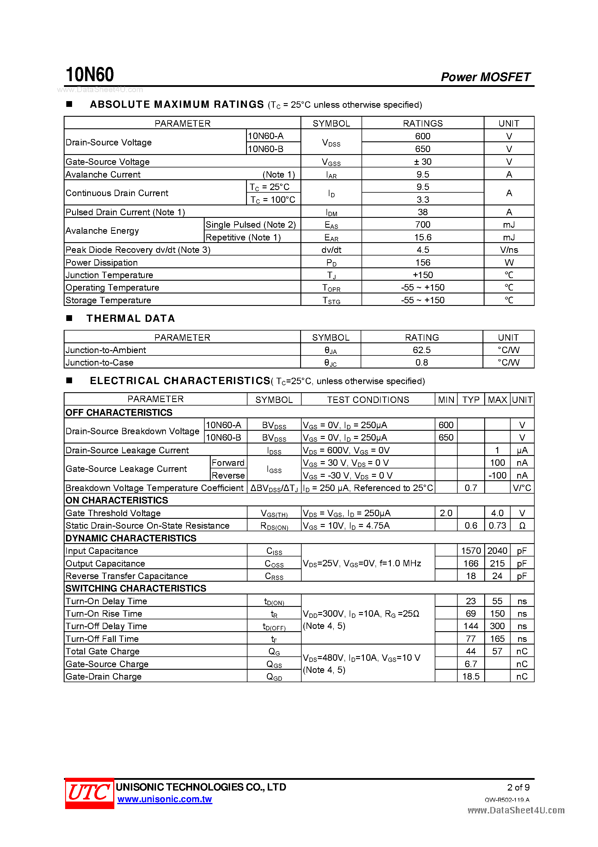 Даташит 10N60 - 600/650 Volts N-CHANNEL POWER MOSFET страница 2