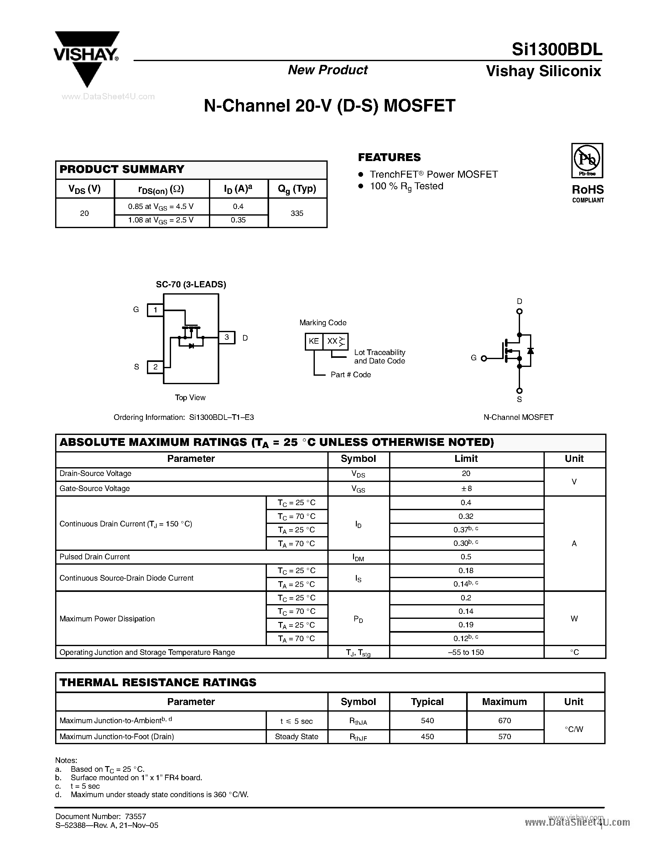 Даташит SI1300BDL - N-Channel MOSFET страница 1