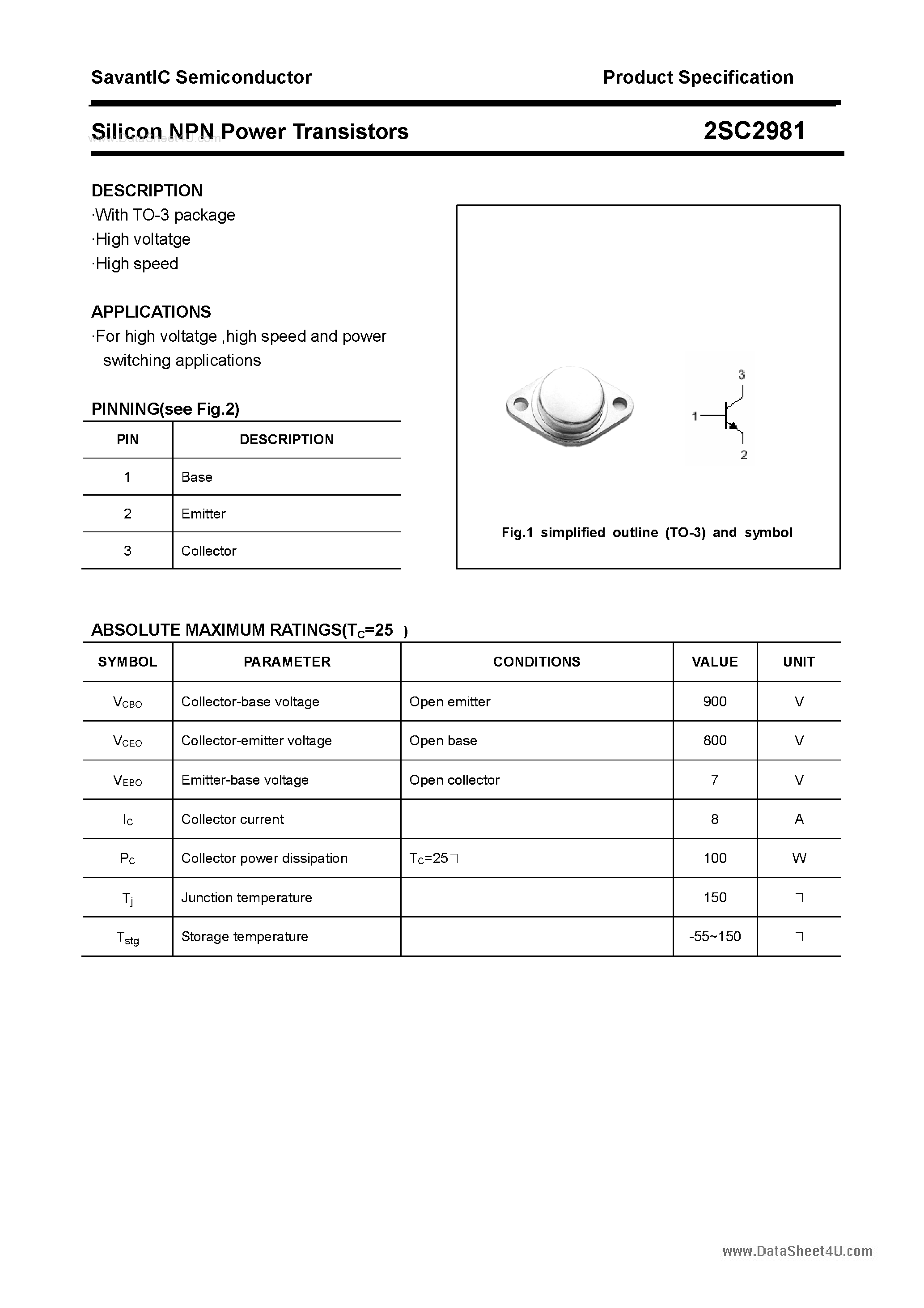 Даташит 2SC2981 - SILICON POWER TRANSISTOR страница 1