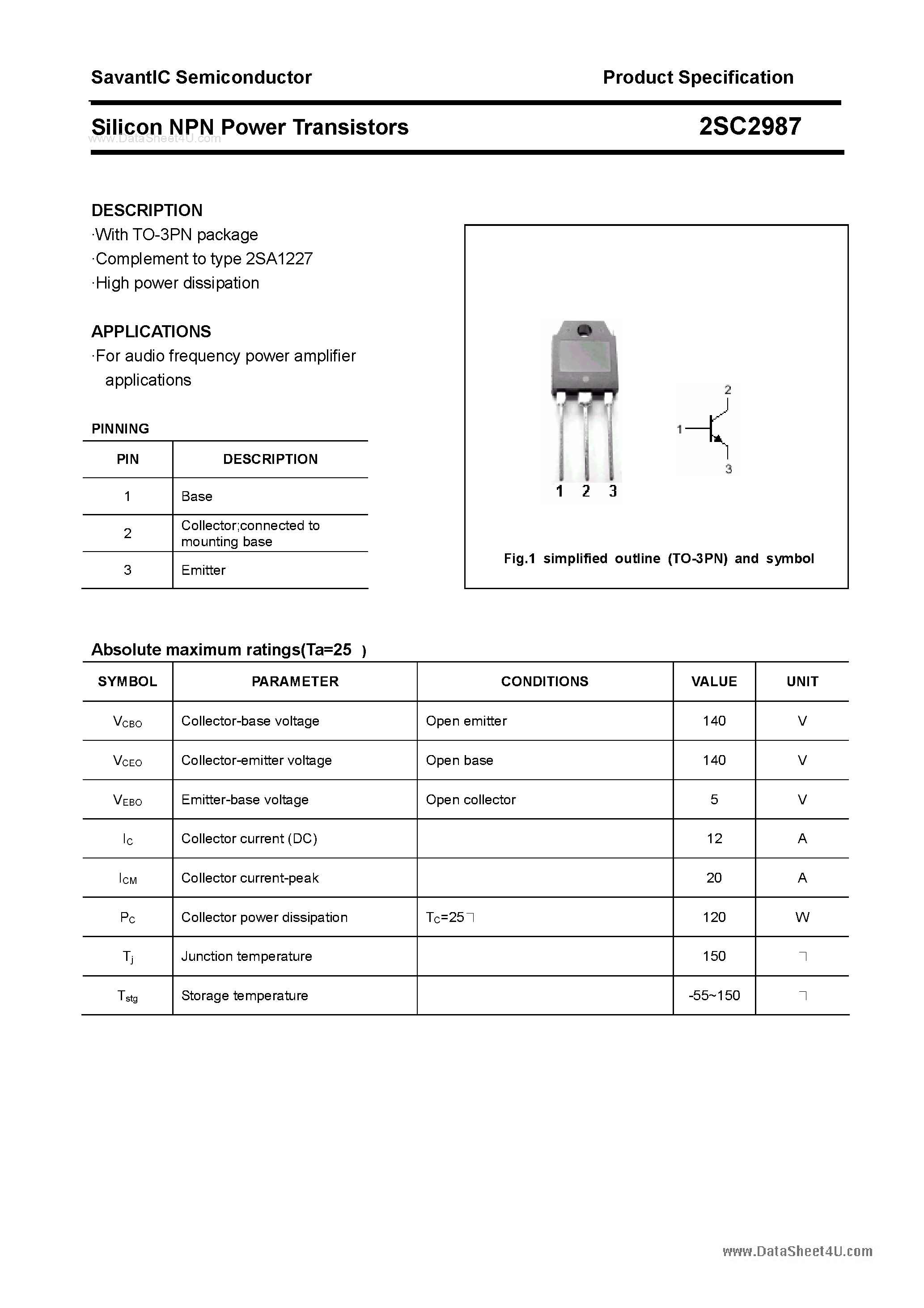 Даташит 2SC2987 - SILICON POWER TRANSISTOR страница 1