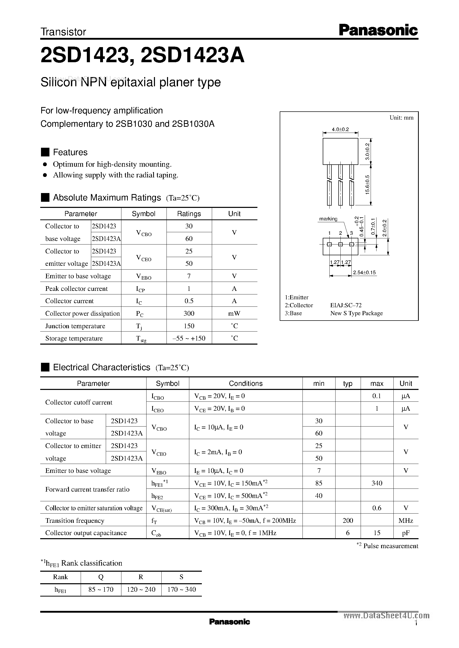 Datasheet D1423 - Search -----> 2SD1423 page 1