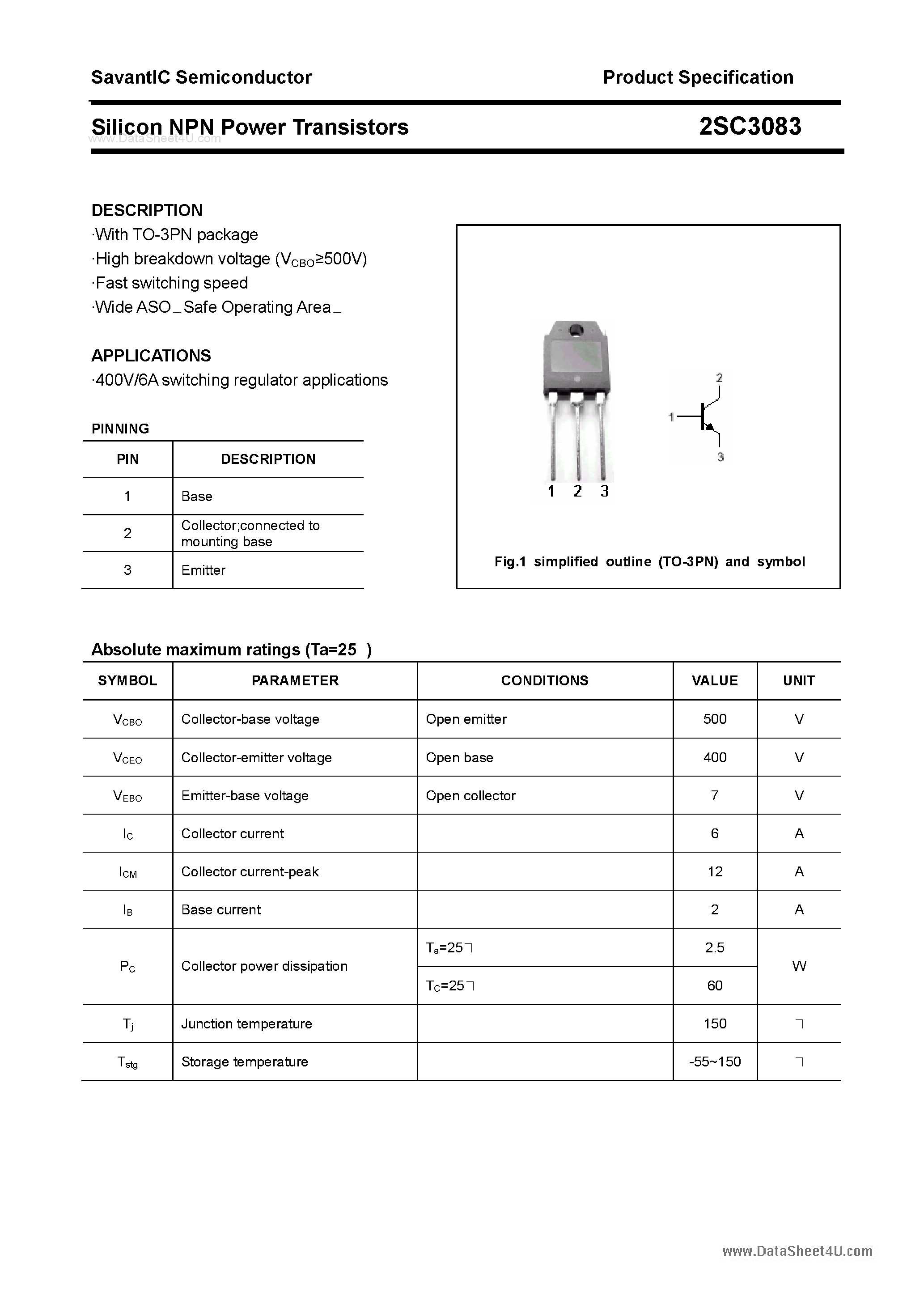 Даташит 2SC3083 - SILICON POWER TRANSISTOR страница 1